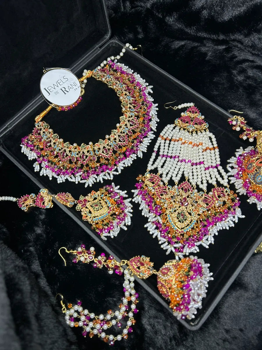 New Multi coloured Necklace set, with heavily beaded Jhumkies & tikka |Dark Pink Stones - Jewelsbyrani