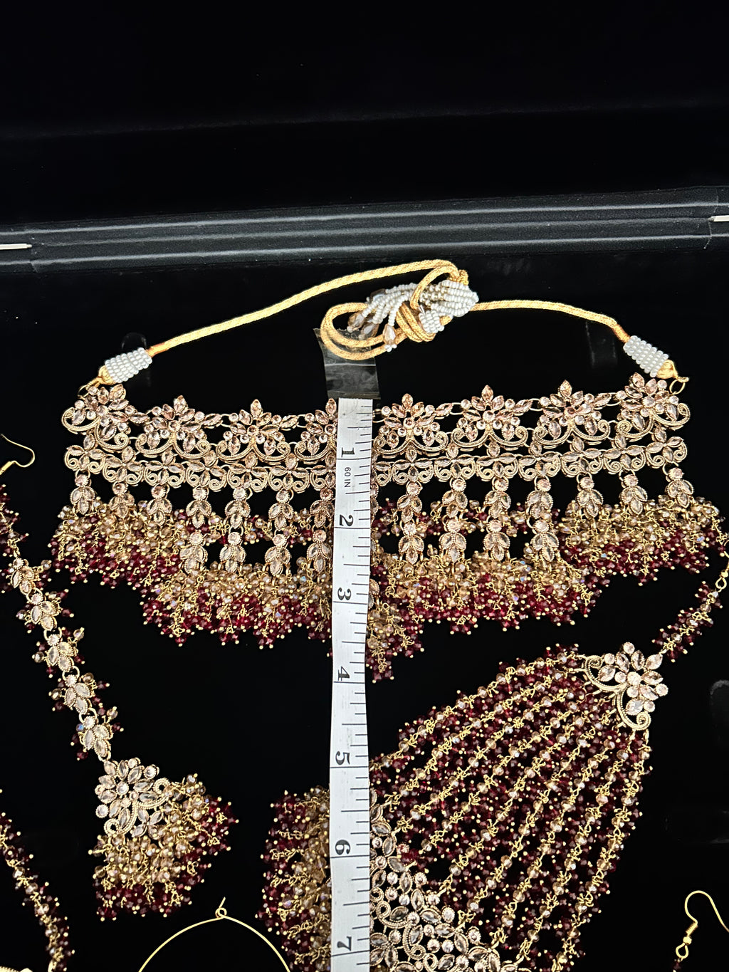 PRE ORDER: 6 Week Making time- Beautiful Maroon & Gold Dangle Necklace  22crt Gold Plated Bridal Jewellery Set
