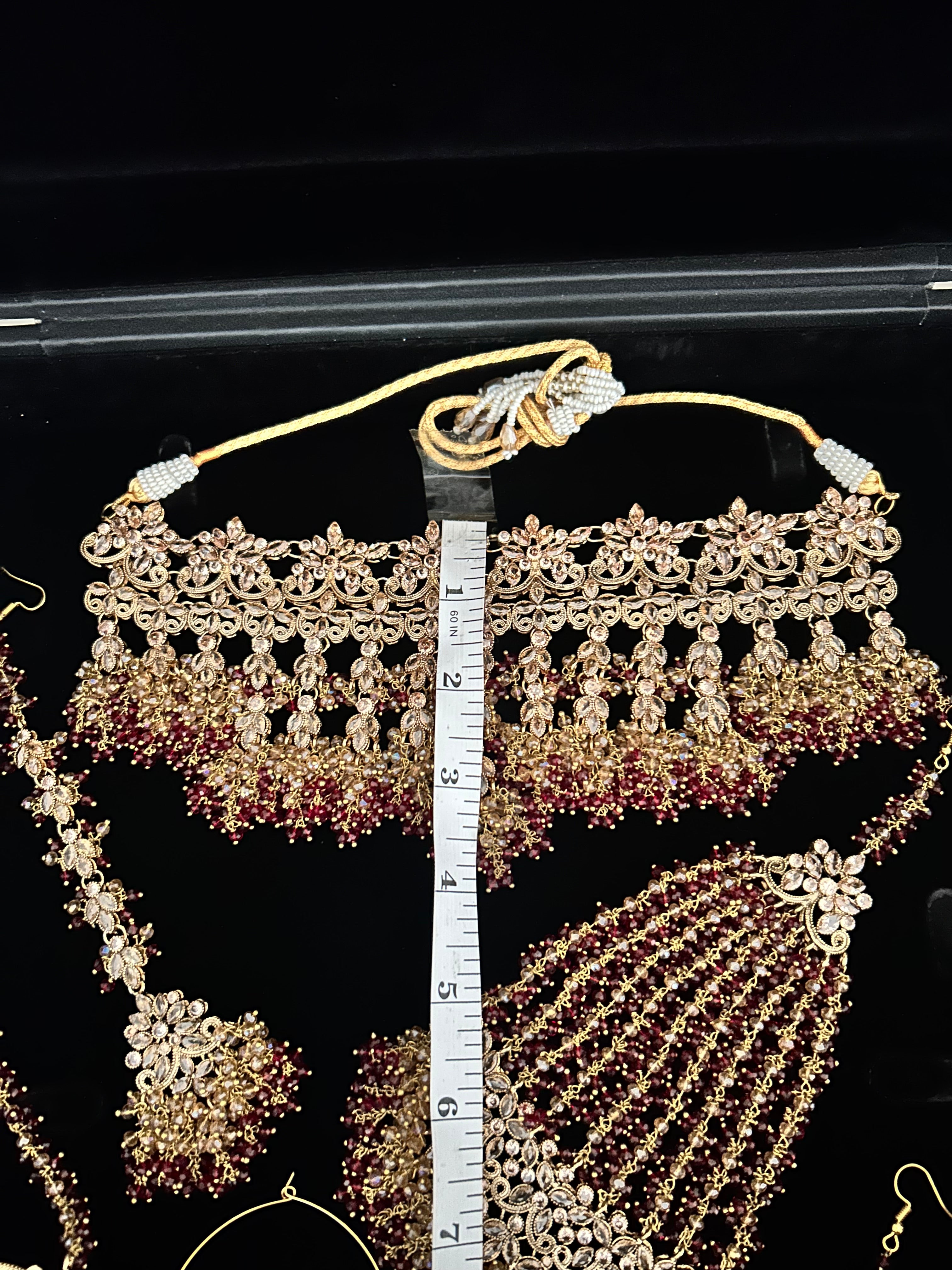 PRE ORDER: 6 Week Making time- Beautiful Maroon & Gold Dangle Necklace  22crt Gold Plated Bridal Jewellery Set