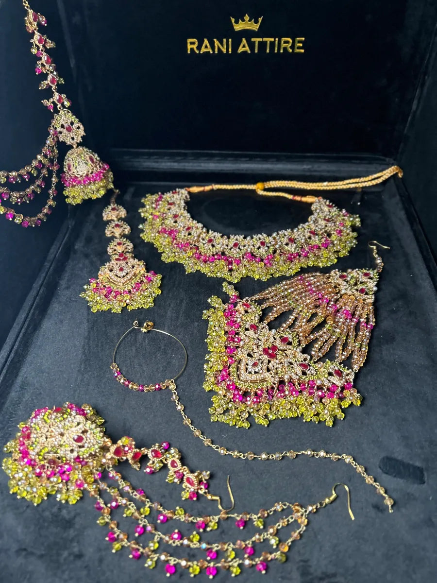 Olive Green, Hot Pink & Gold coloured necklace set, with heavily beaded Jhumkies & tikka - Jewelsbyrani