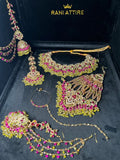 Olive Green, Hot Pink & Gold coloured necklace set, with heavily beaded Jhumkies & tikka - Jewelsbyrani