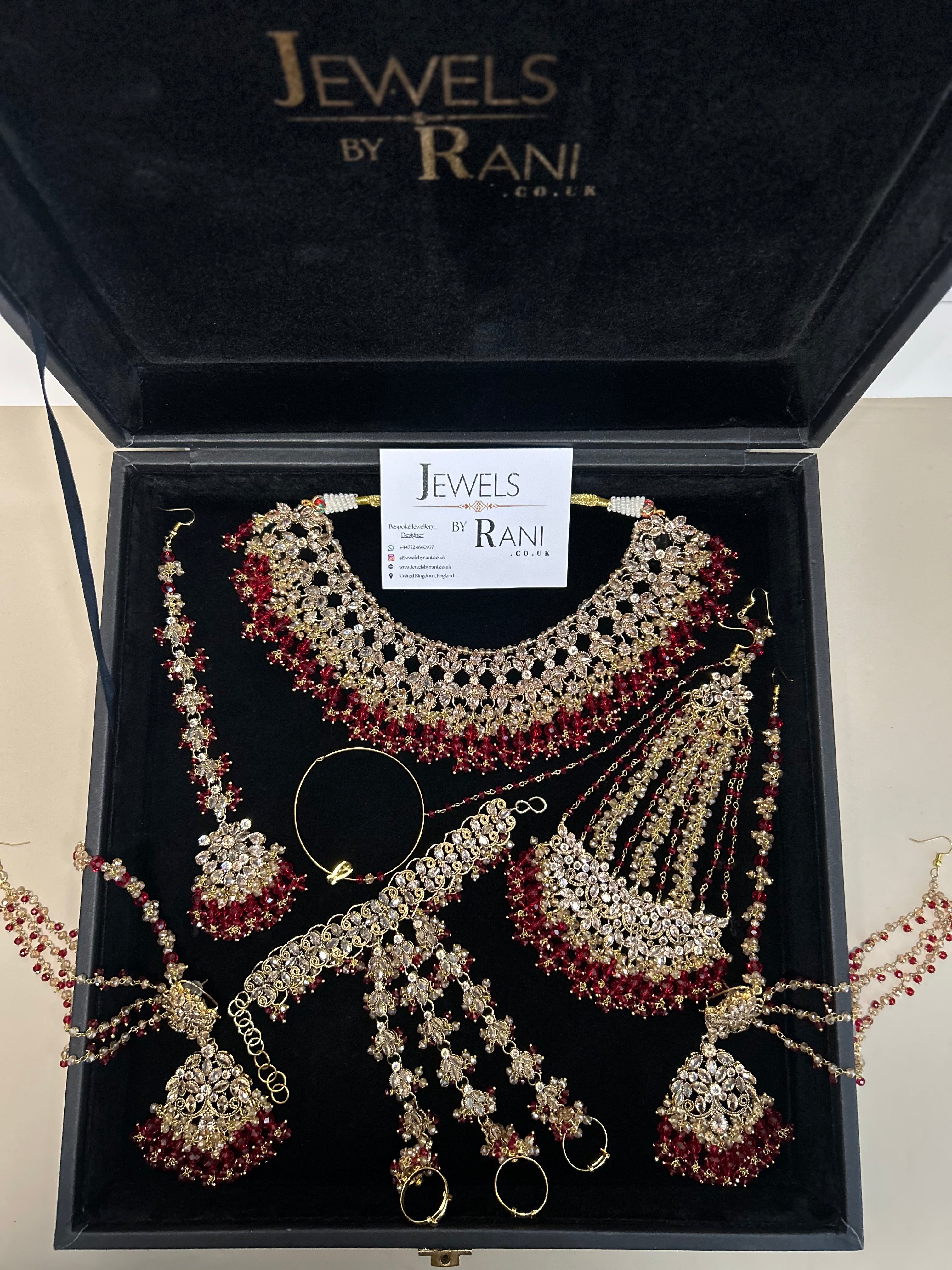 PRE ORDER: 6 Week Making time- Beautiful Deep Red & Gold 22 crt Gold Plated Bridal Jewellery Set + hand piece