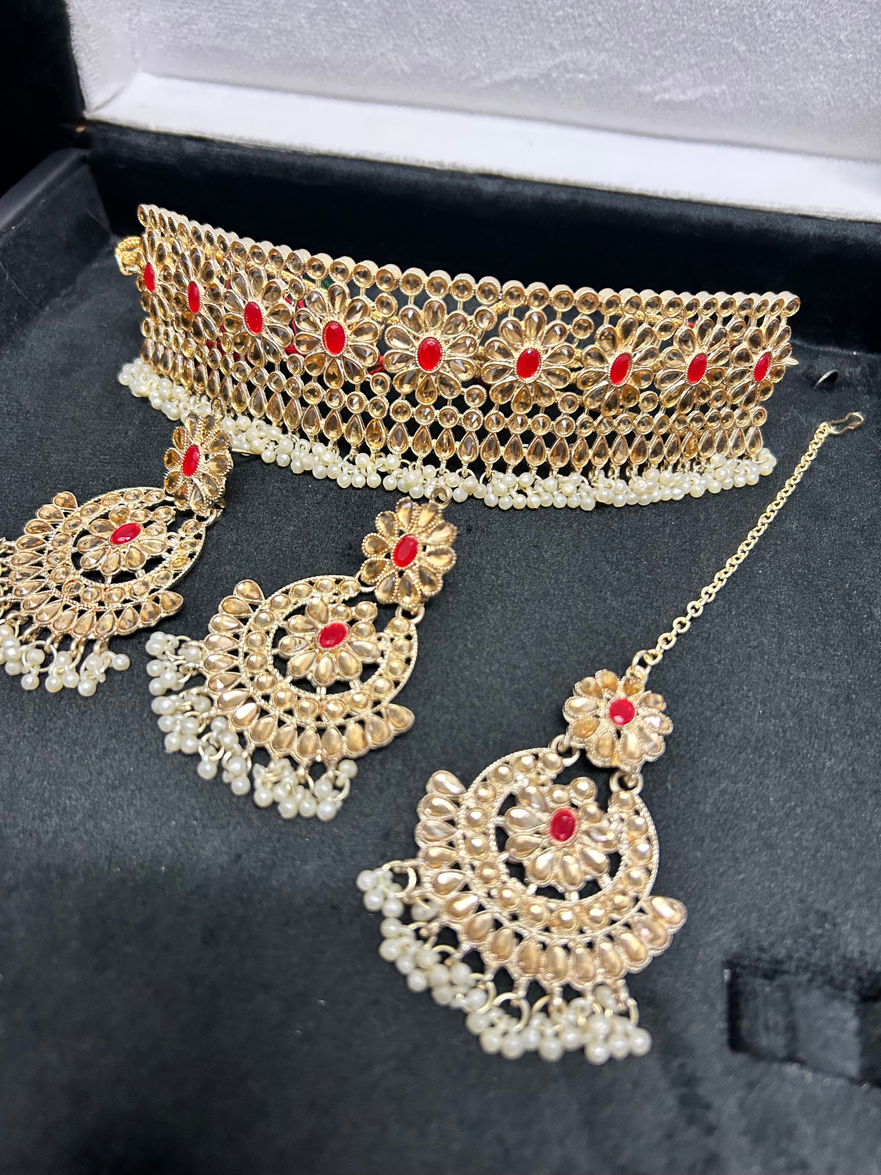 Beautiful Light Weight Gold, White and Red Choker Set