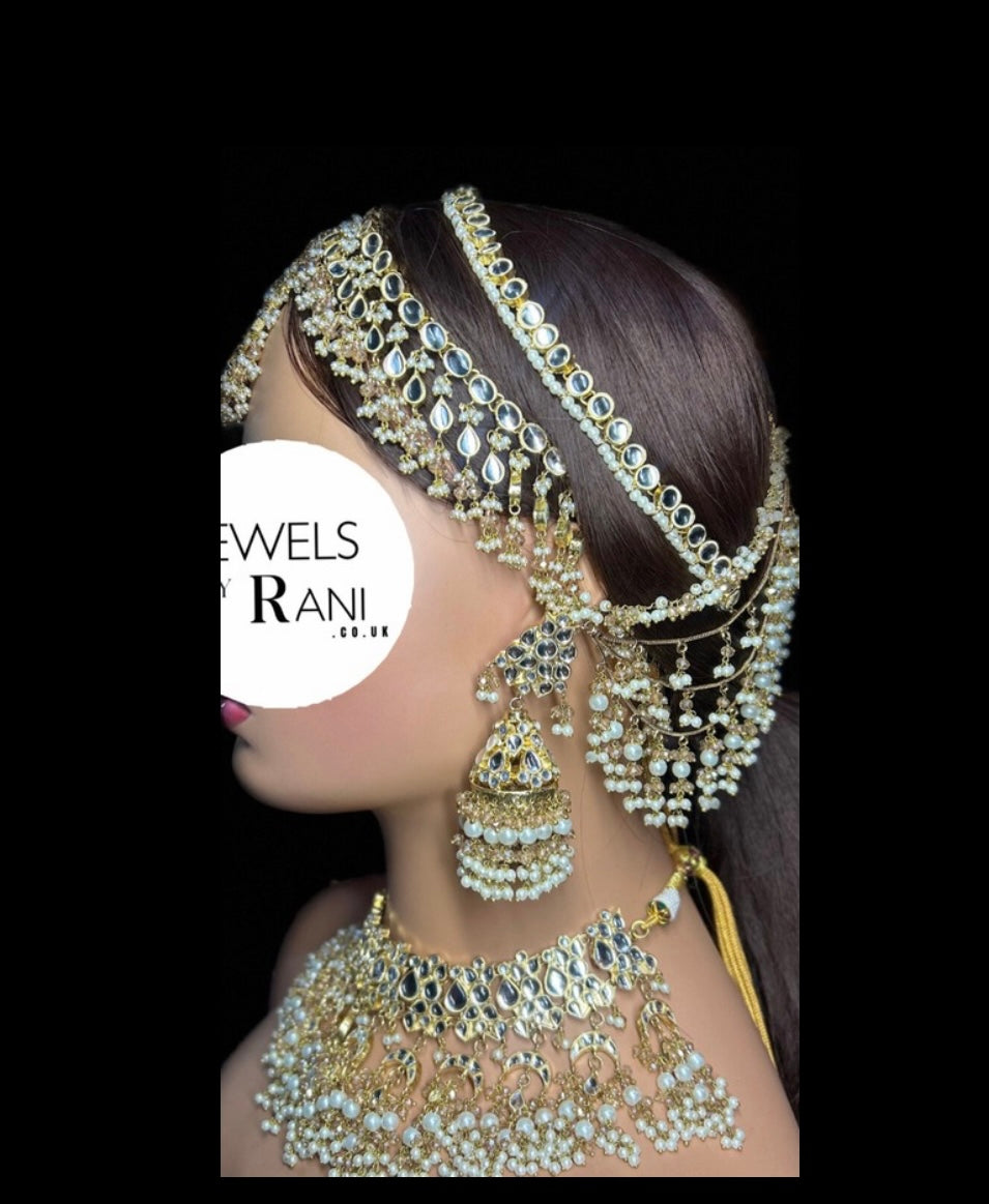 Pre order 6 Weeks - White Kundan Bridal Jewellery Set Matha Patti, Necklace and Jhumkies + nose ring 22crt Gold Plated