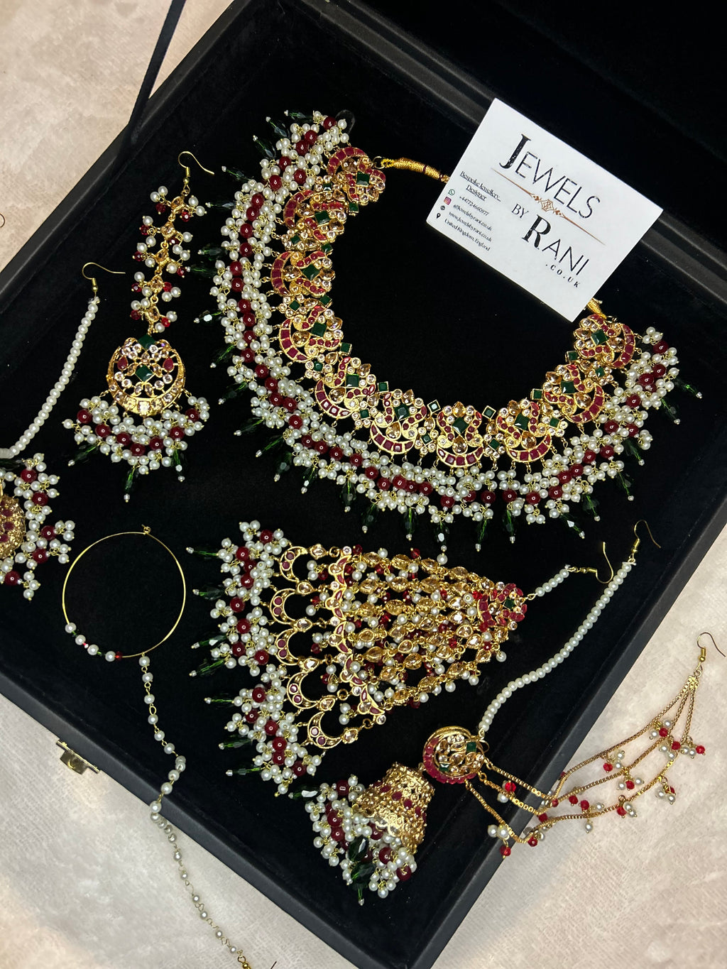 Beautiful Dark Red, Green Drop Crystal and White Kundan Full Bridal Jewellery Set/ Style 17304
