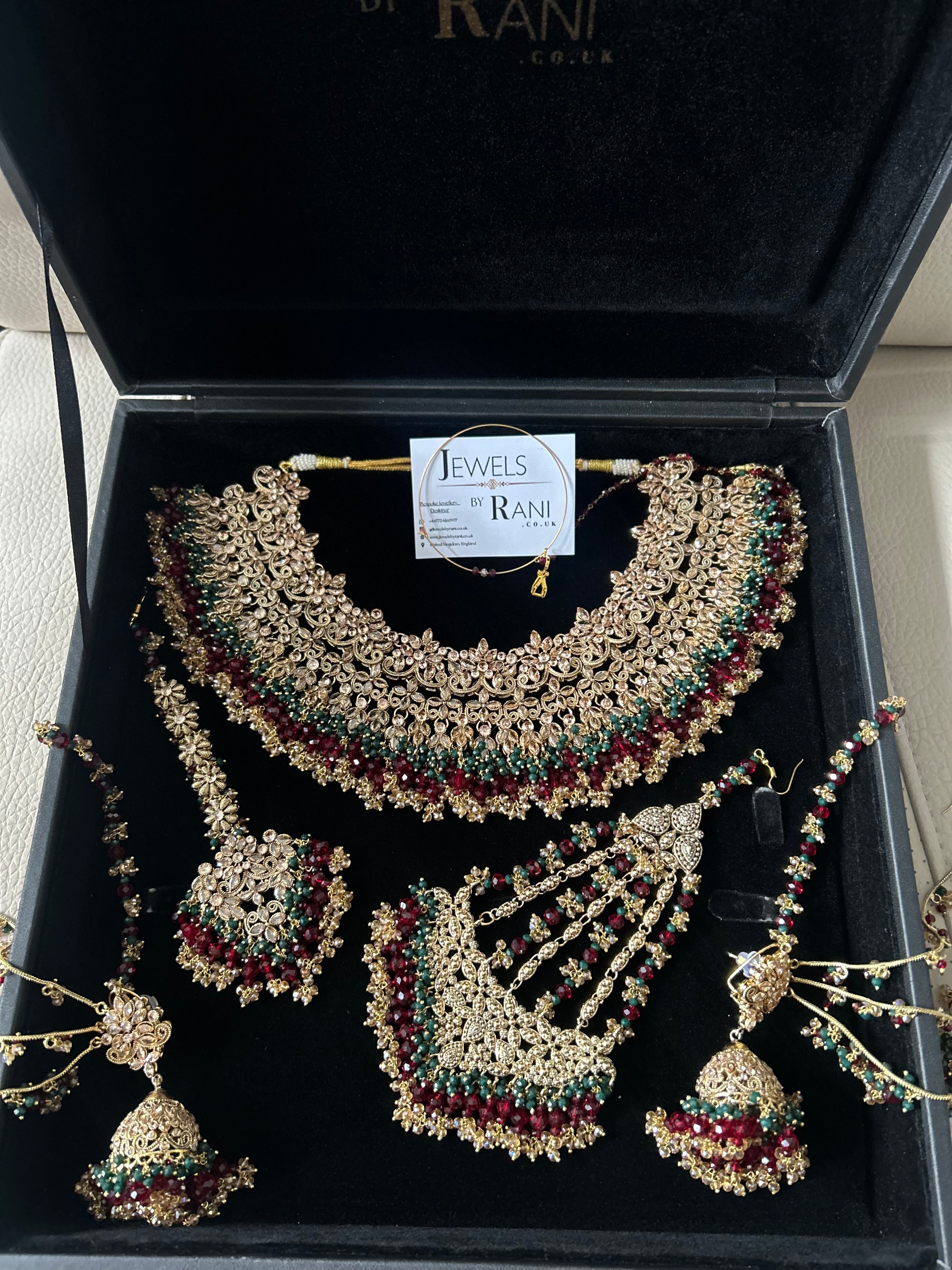 Pre order 6 Weeks - Stunning Detailed Green and Maroon Bridal Jewellery Set Larger Necklace