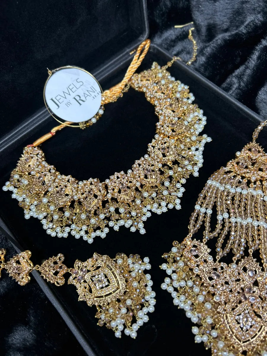 Beautiful Bridal Jewellery set- Gold & White Heavily Beaded Bridal Set - Jewelsbyrani