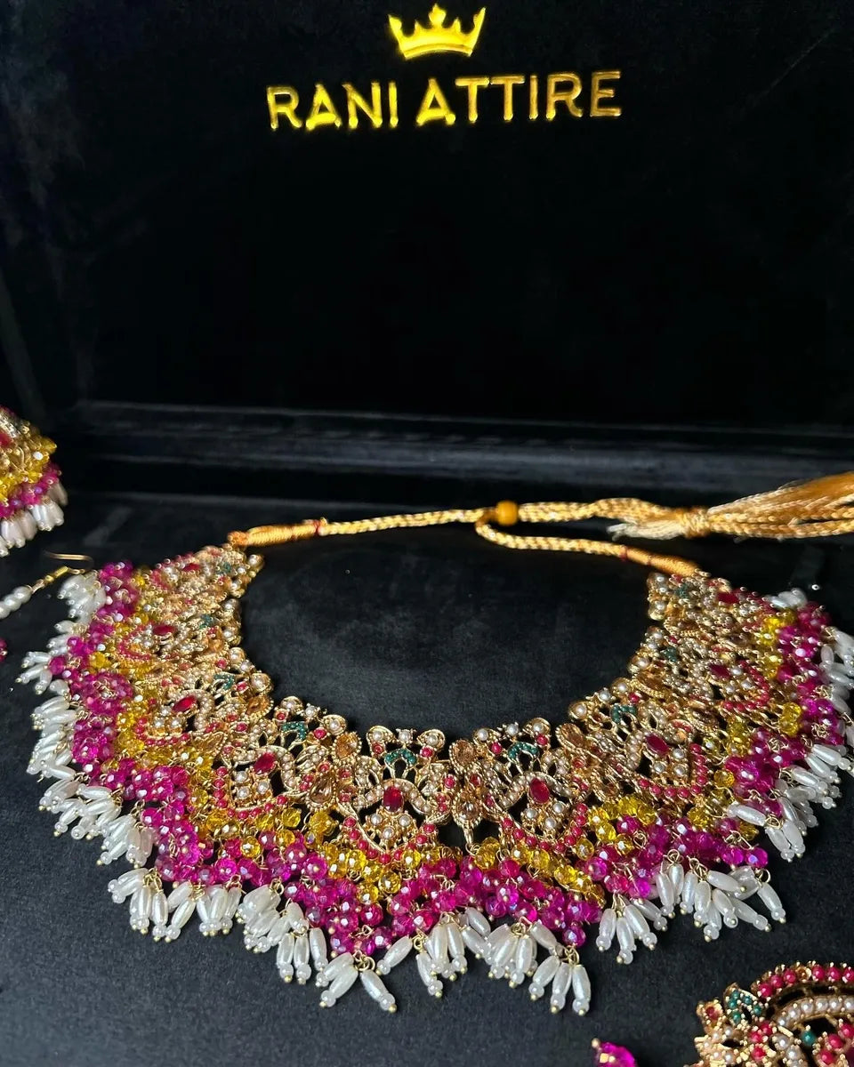 Stunning Yellow & Pink Multi coloured necklace set, with heavily beaded earrings & tikka - Jewelsbyrani