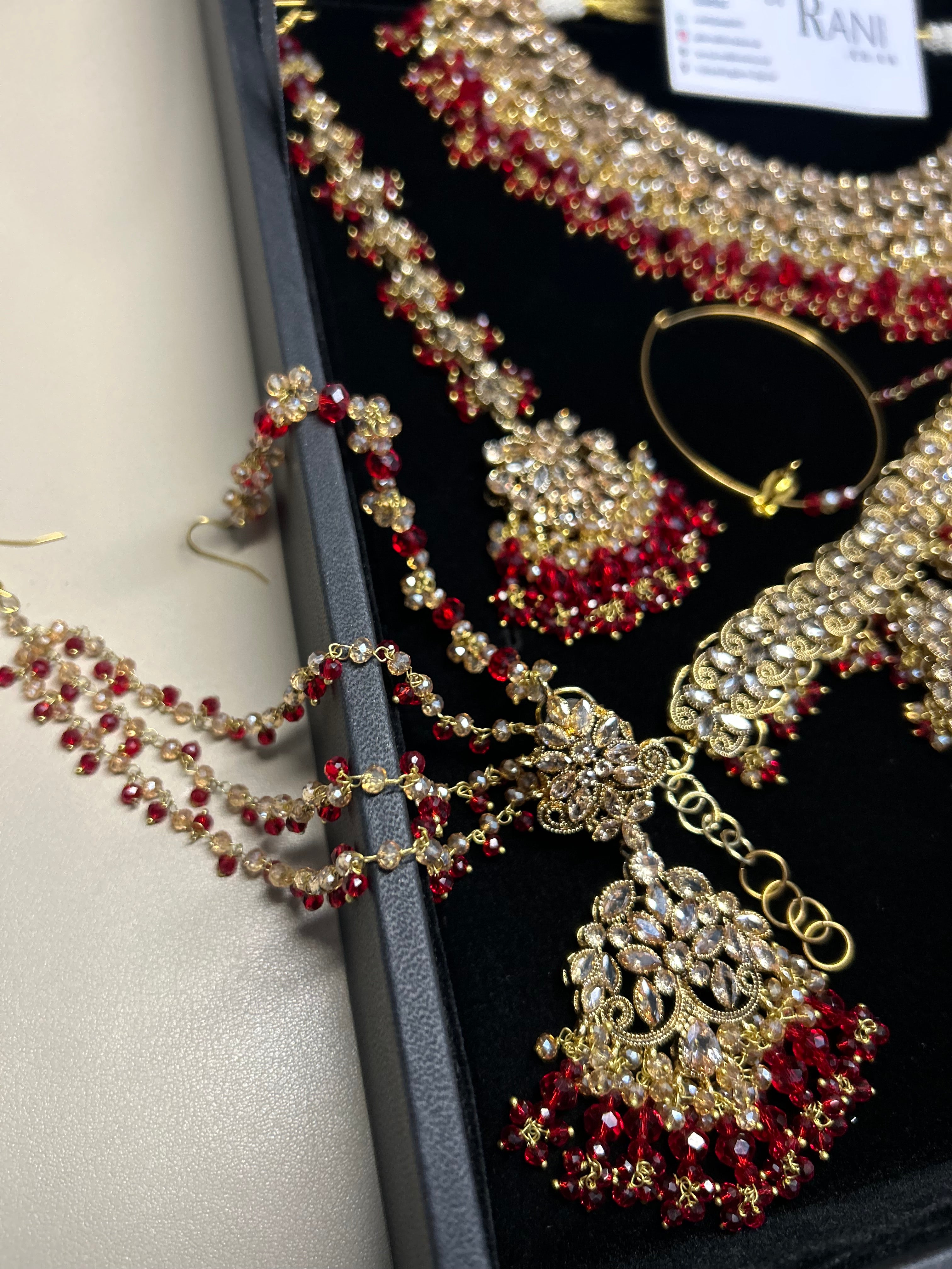 PRE ORDER: 6 Week Making time- Beautiful Deep Red & Gold 22 crt Gold Plated Bridal Jewellery Set + hand piece