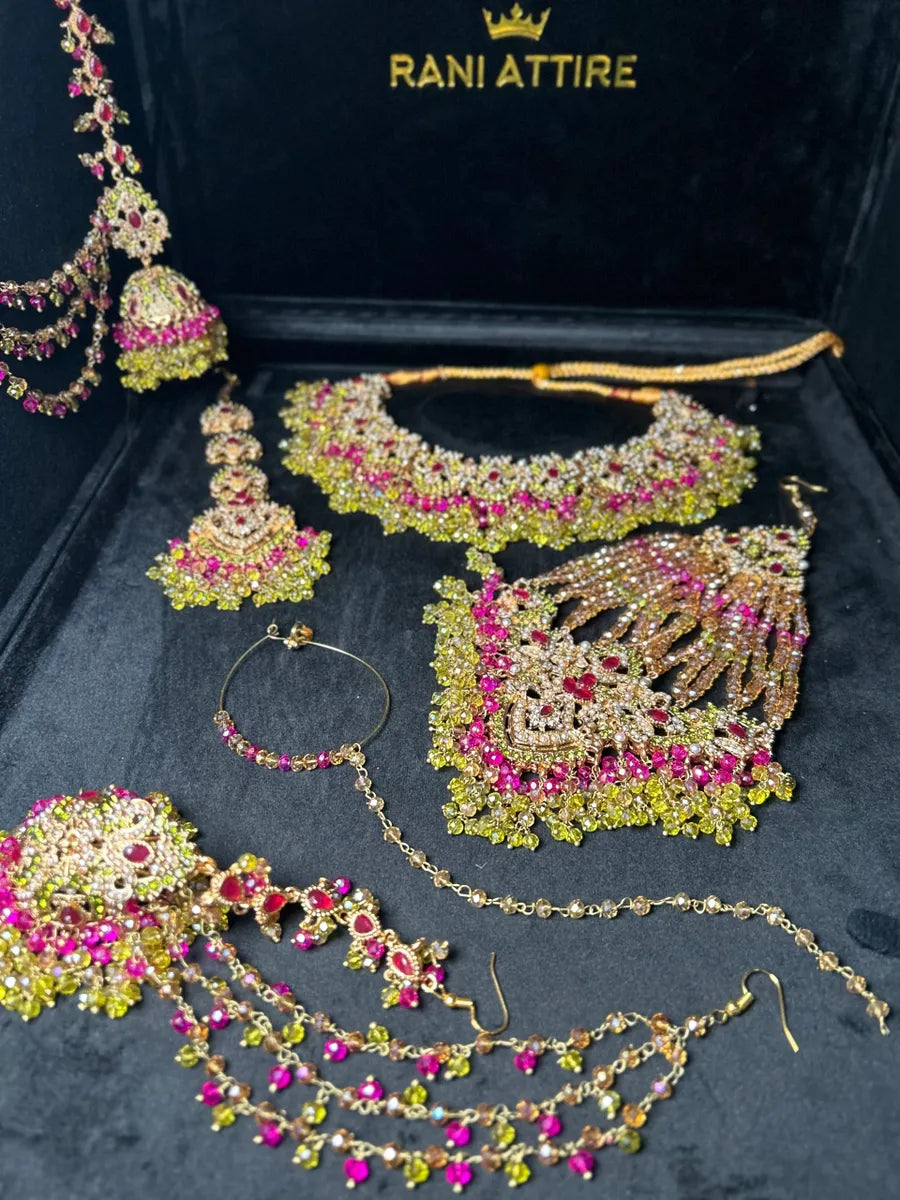 Olive Green, Hot Pink & Gold coloured necklace set, with heavily beaded Jhumkies & tikka - Jewelsbyrani