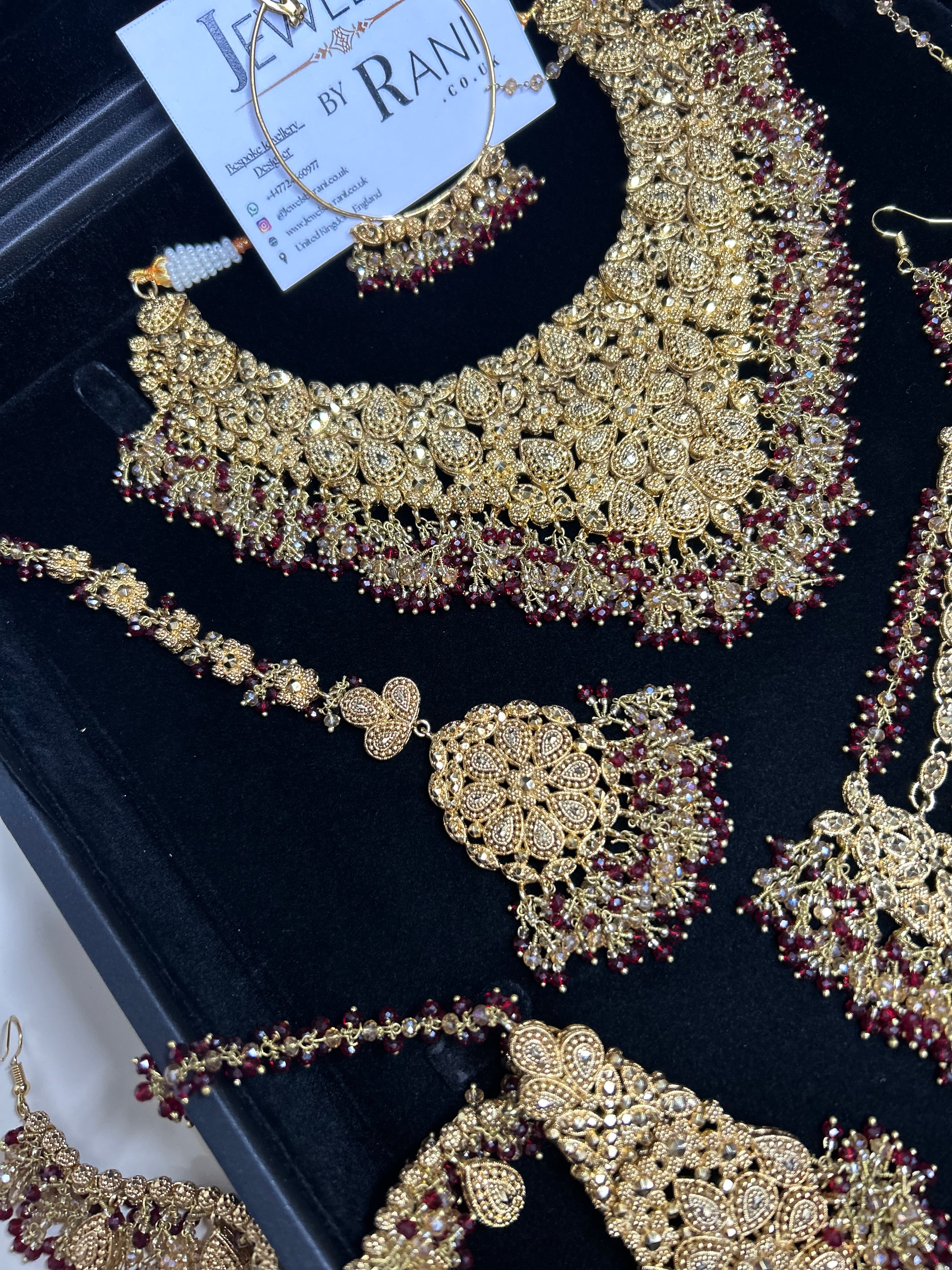 PRE ORDER: 6 Week Making time- Beautiful Maroon & Gold 22crt Gold Plated Bridal Jewellery Set (flat necklace)
