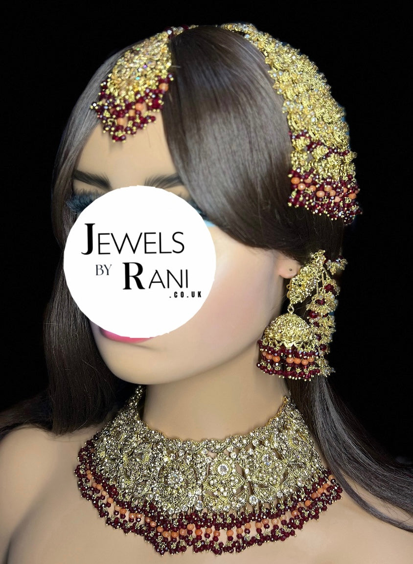Pre order - 22 crt Gold Plated - Beautiful Maroon and Burnt Orange  Pakistani Bridal Jewellery Set