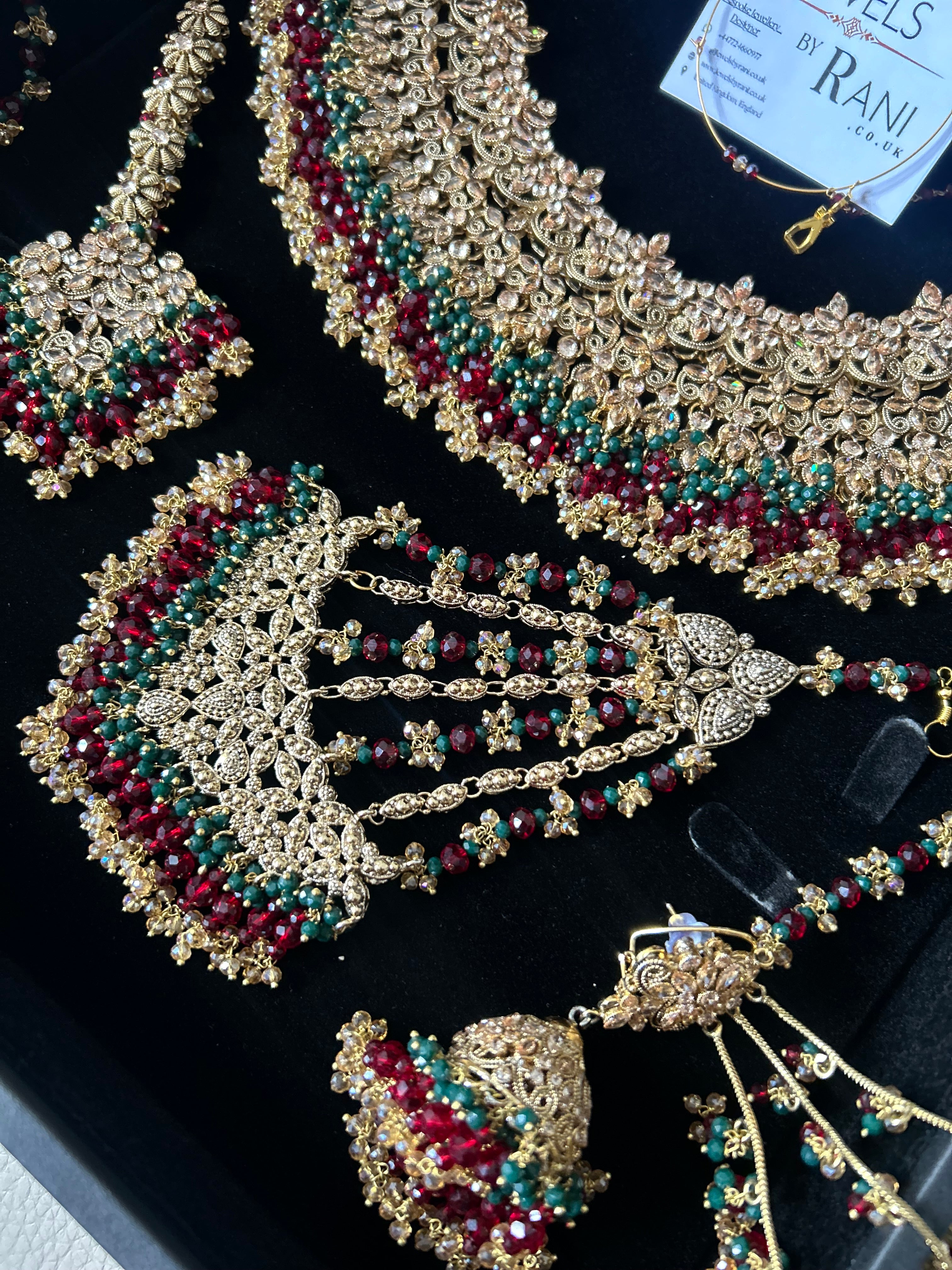 Pre order 6 Weeks - Stunning Detailed Green and Maroon Bridal Jewellery Set Larger Necklace