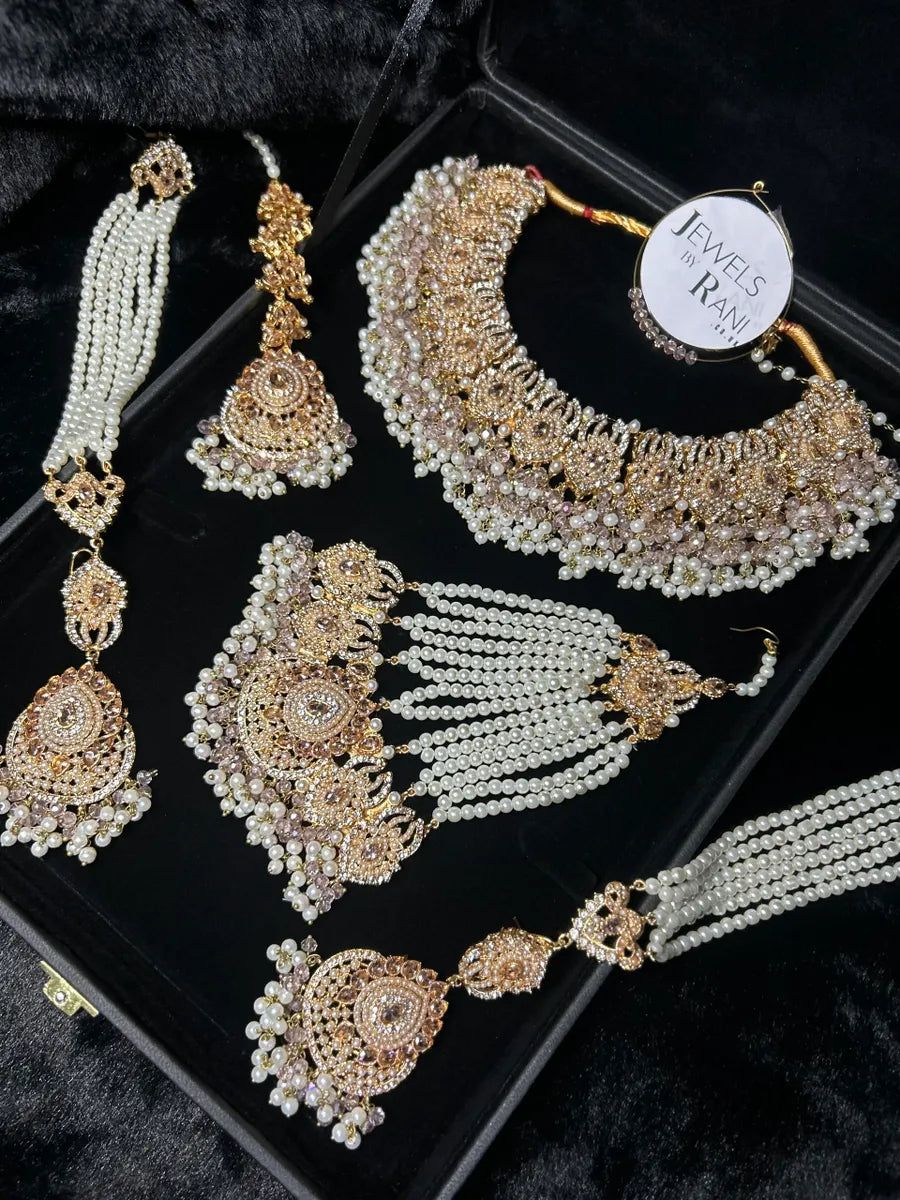 Beautiful, Detailed Baby Pink & Gold Bridal Set - Jewelsbyrani