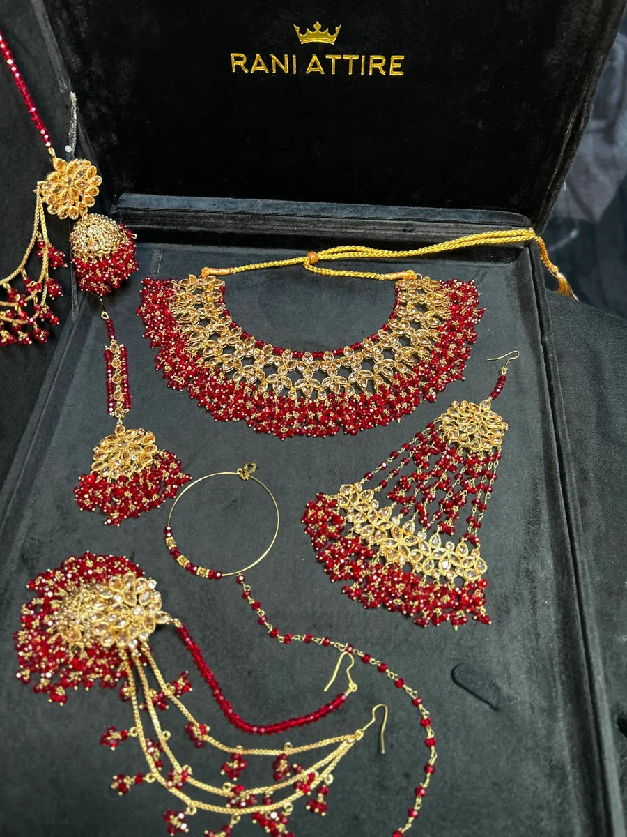 Deep Red Necklace set, with heavily beaded Earrings & tikka - Jewelsbyrani