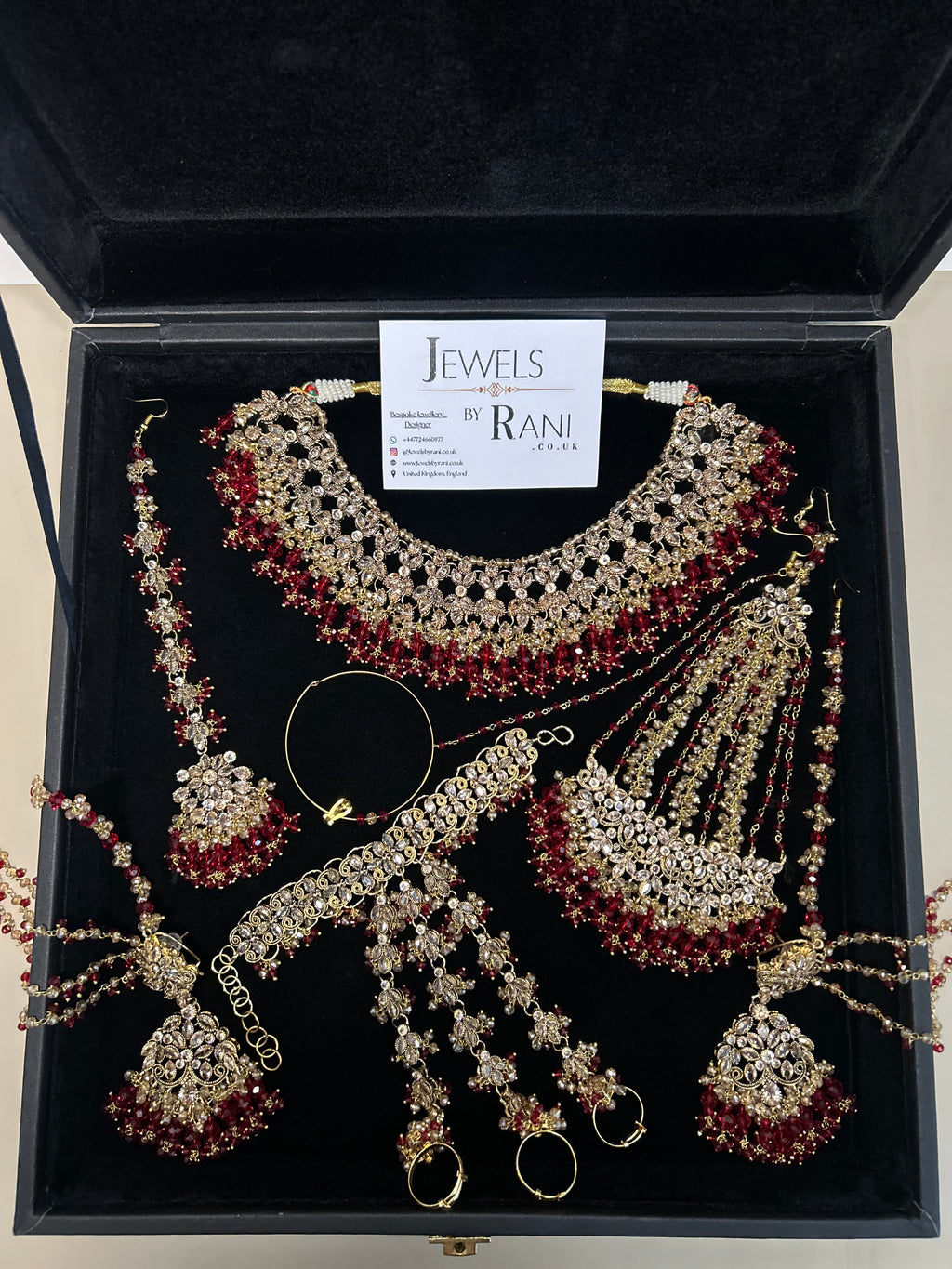 PRE ORDER: 6 Week Making time- Beautiful Deep Red & Gold 22 crt Gold Plated Bridal Jewellery Set + hand piece