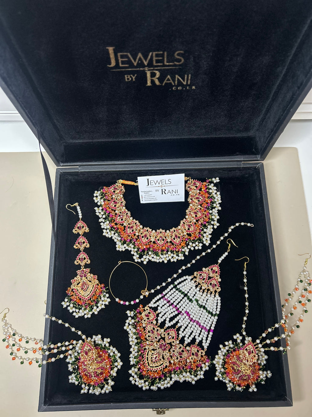 Green, Hot pink, Gold & White coloured necklace set, with heavily beaded Jhumkies & tikka (Copy)