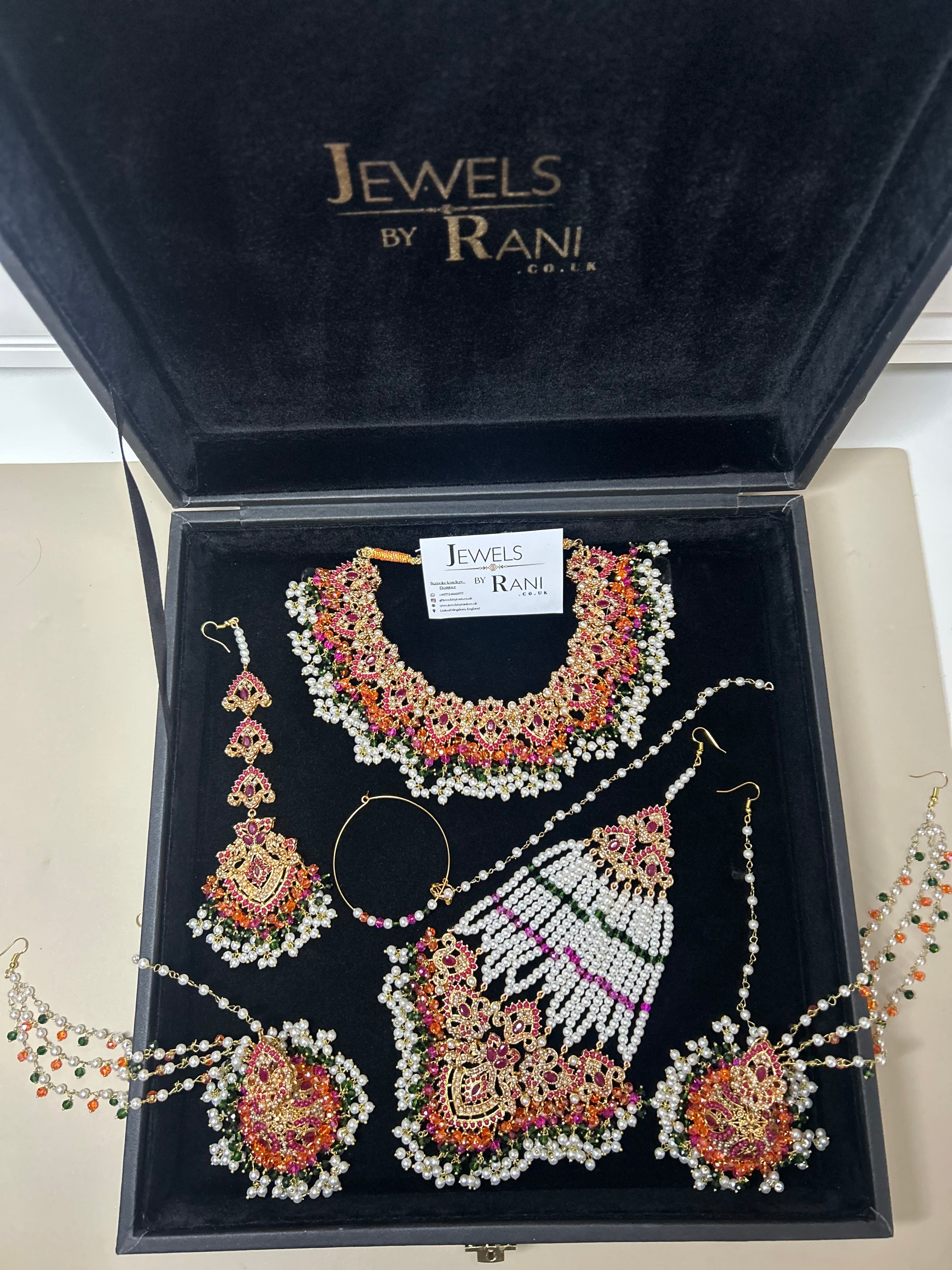 Green, Hot pink, Gold & White coloured necklace set, with heavily beaded Jhumkies & tikka (Copy)