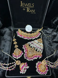 Multi Choker Orange & Hot Pink coloured necklace set, with heavily beaded Jhumkies & tikka - Jewelsbyrani
