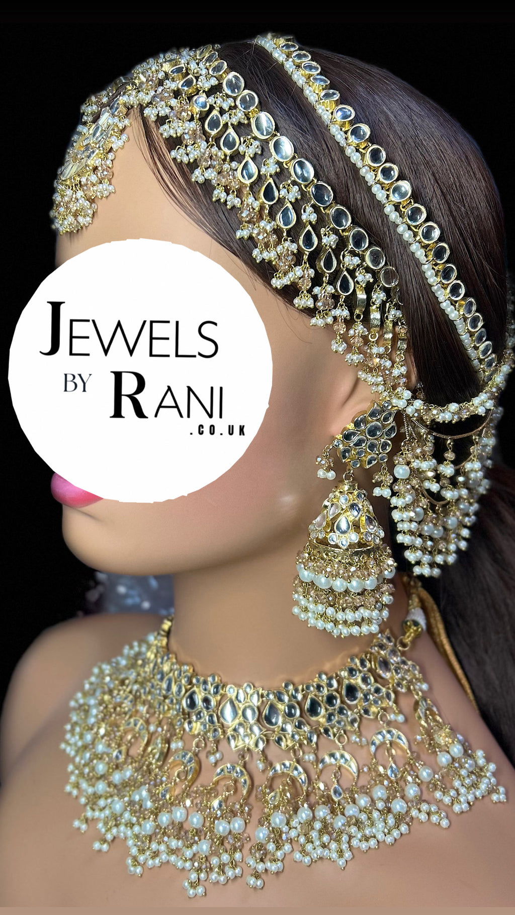 Pre order 6 Weeks - White Kundan Bridal Jewellery Set Matha Patti, Necklace and Jhumkies + nose ring 22crt Gold Plated