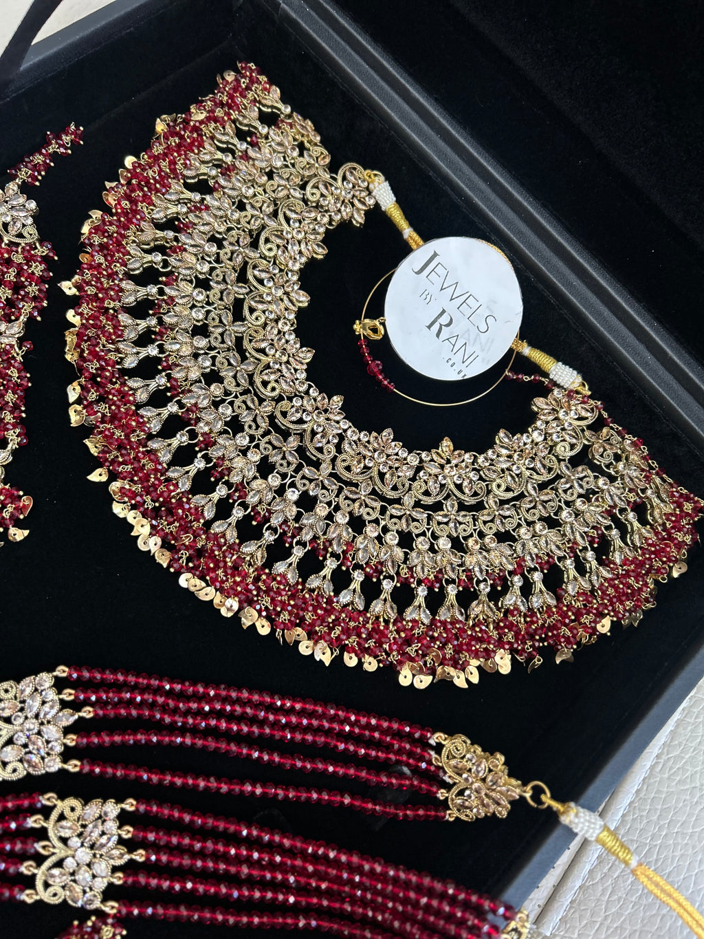 Pre Order 6 Weeks- Deep Red and Gold Large Necklace, Jhumar and Mala Set Perfect for Hijabis