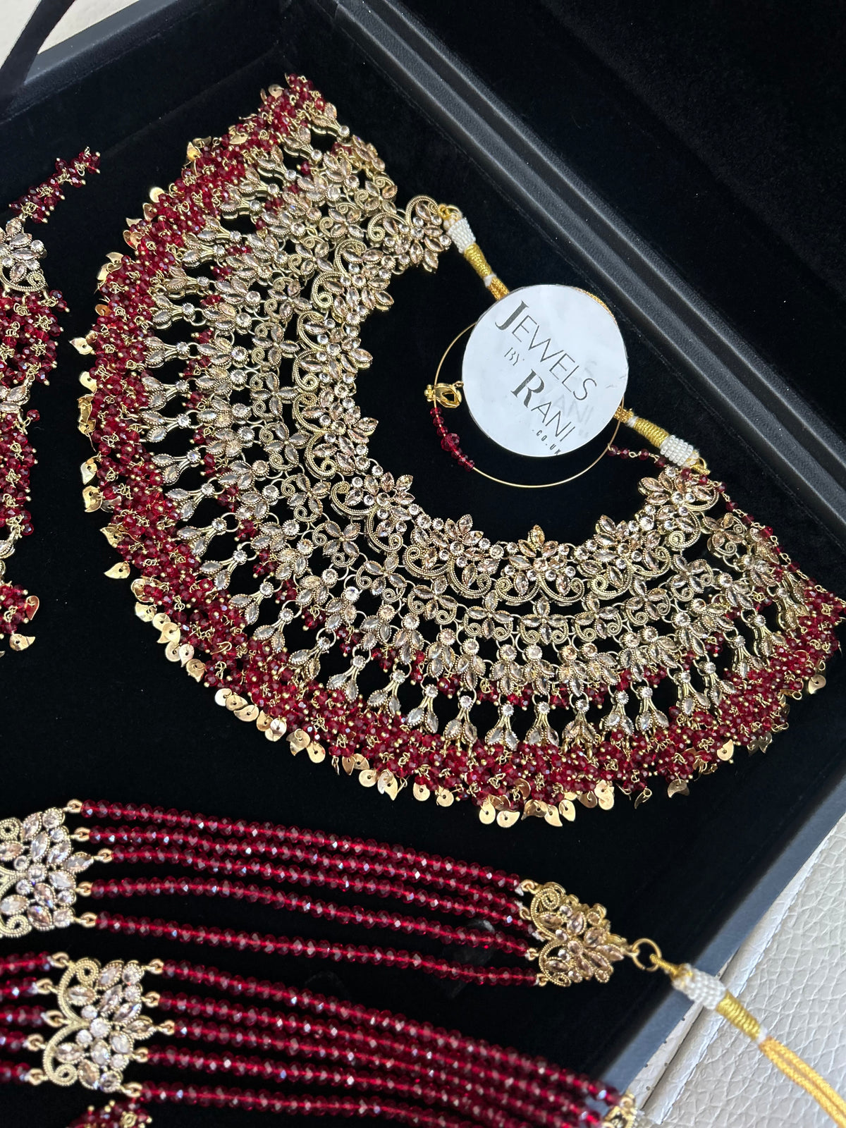 Pre Order 6 Weeks- Deep Red and Gold Large Necklace, Jhumar and Mala Set Perfect for Hijabis