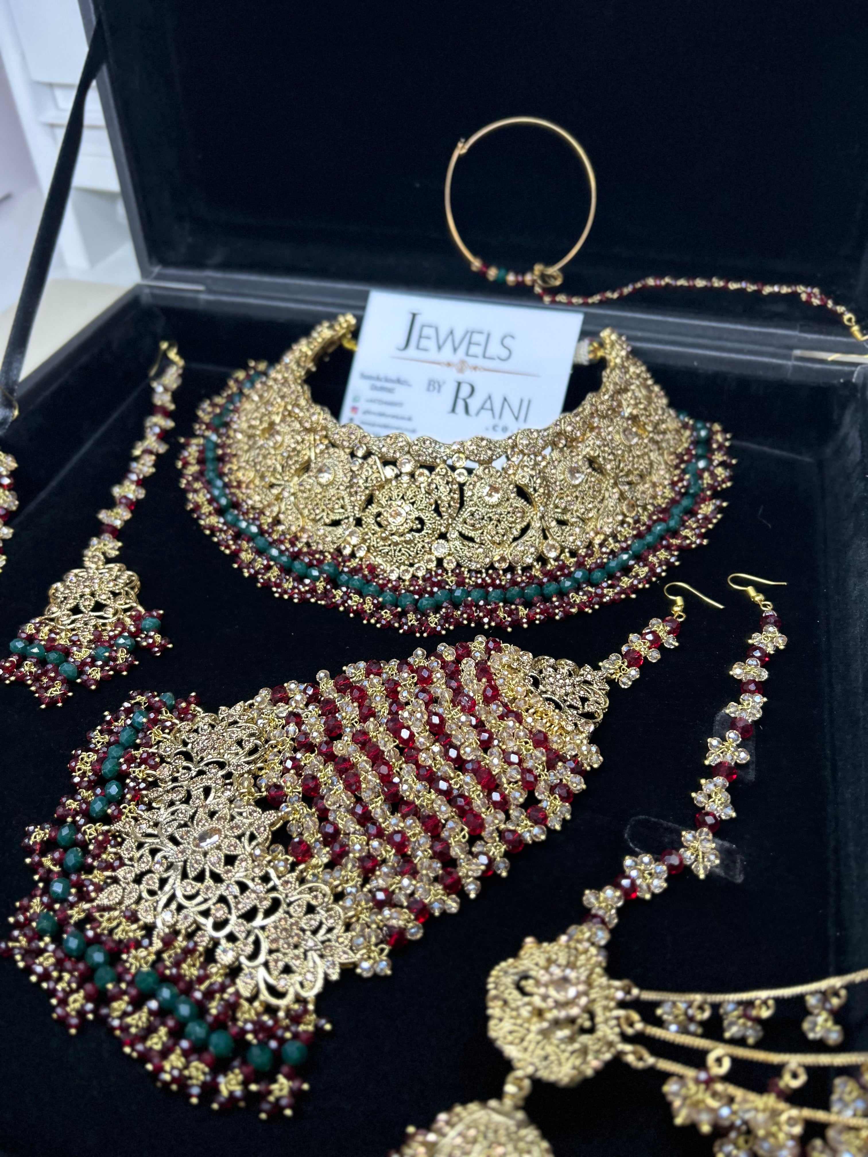 Pre order 6 Weeks - Stunning Green and Maroon Bridal Jewellery Set