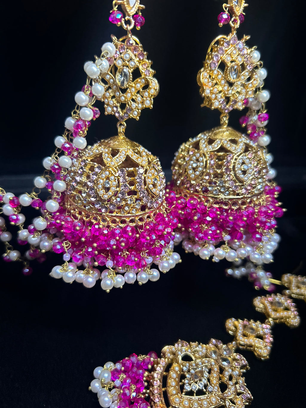 Hot pink and White Multi Coloured Jhumkes & Tikka Set