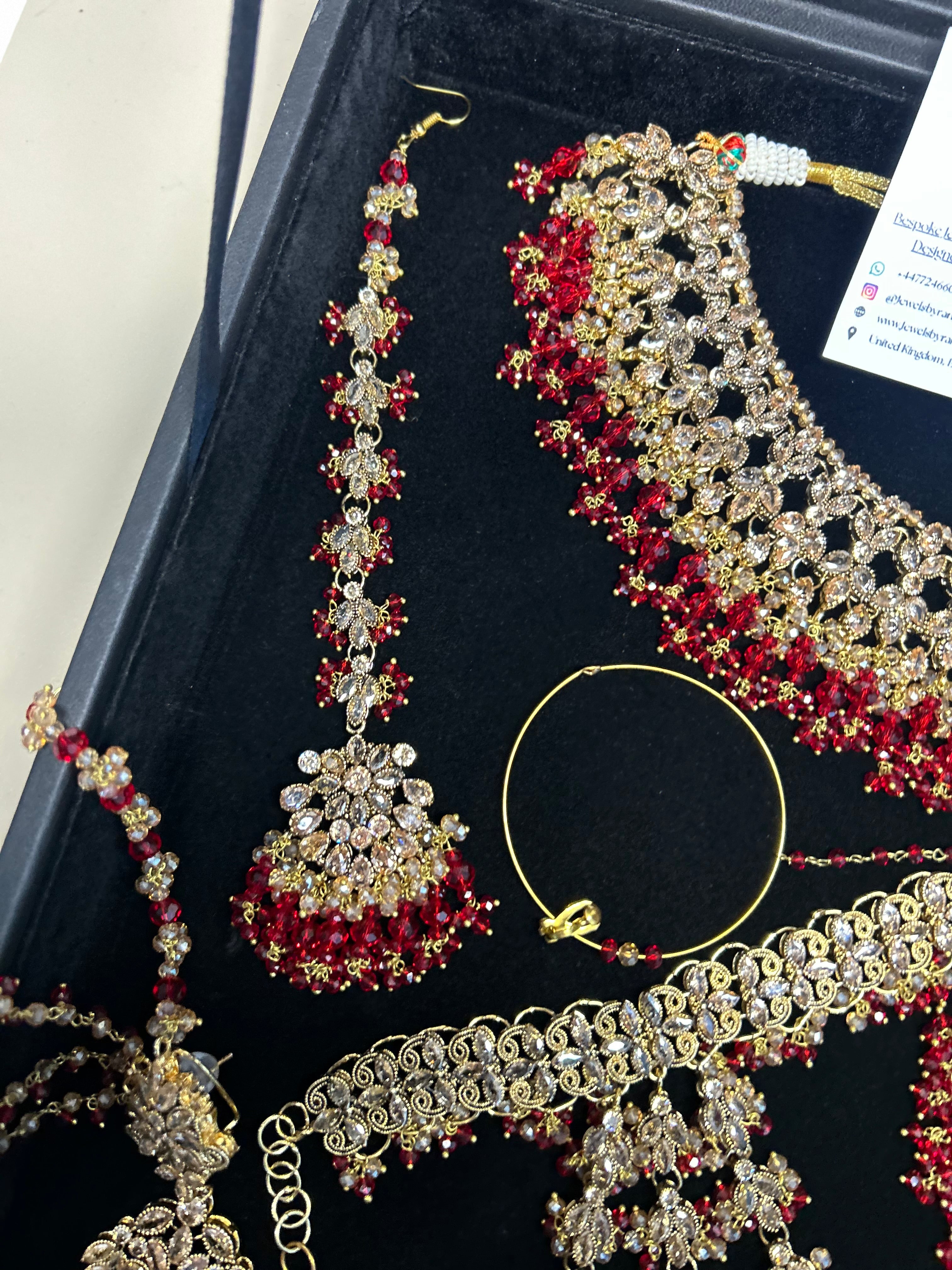 PRE ORDER: 6 Week Making time- Beautiful Deep Red & Gold 22 crt Gold Plated Bridal Jewellery Set + hand piece