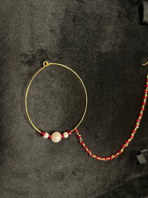 Deep Red and White Bridal Nose Ring Nathli Nose Hoop | Design 21