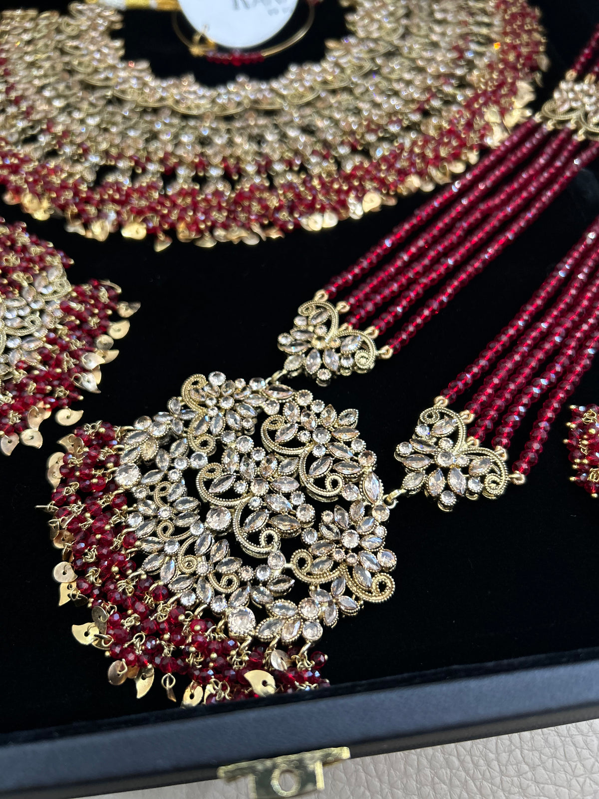 Pre Order 6 Weeks- Deep Red and Gold Large Necklace, Jhumar and Mala Set Perfect for Hijabis