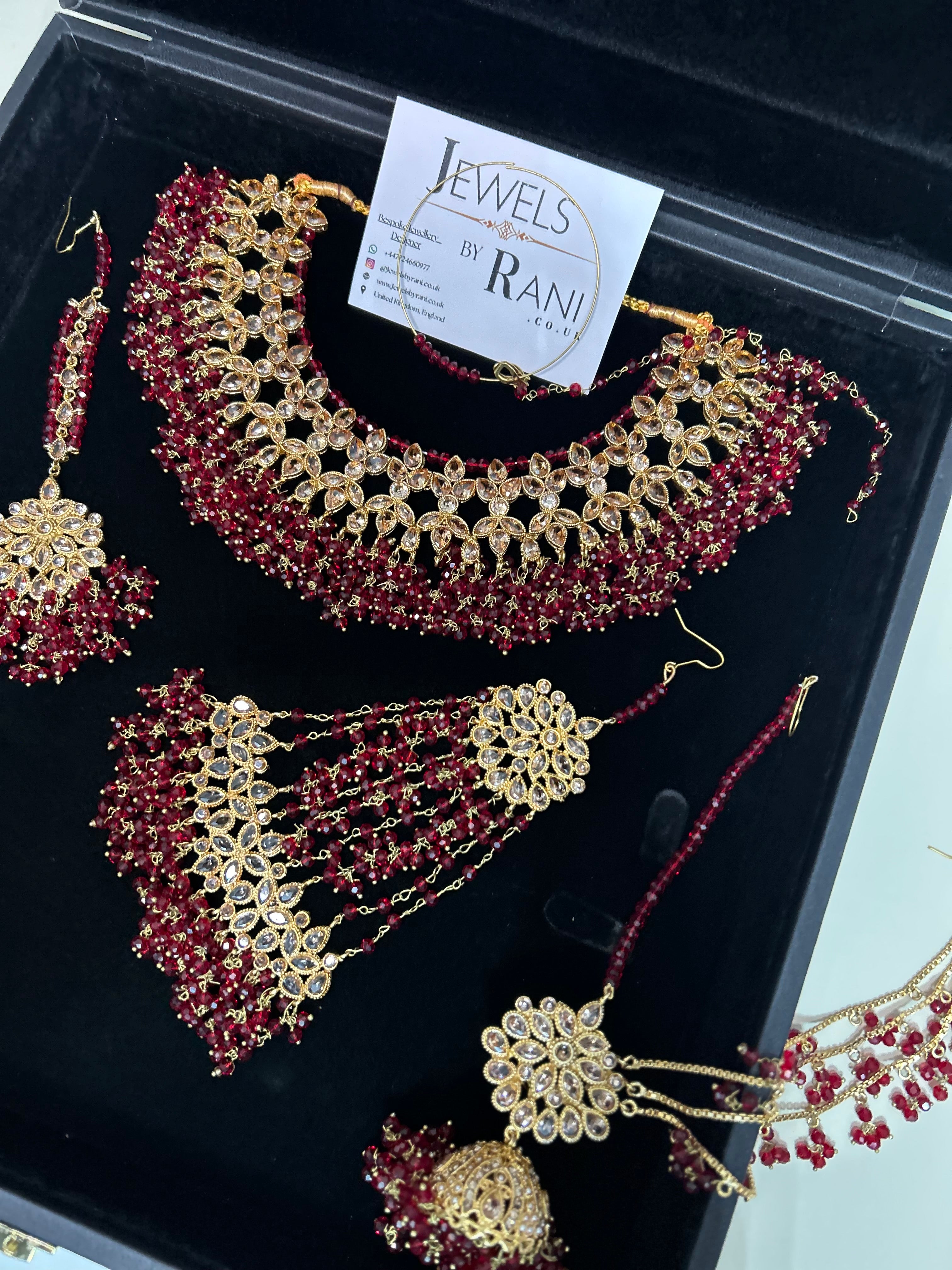 Deep Red Necklace set, with heavily beaded Earrings & tikka