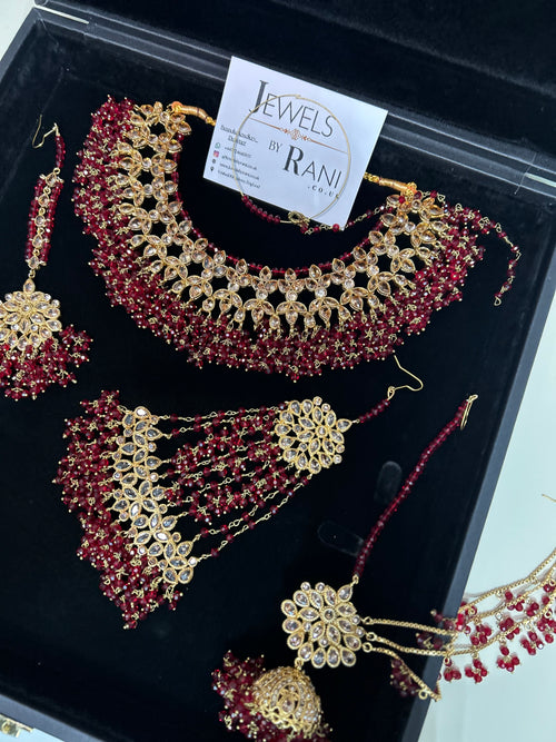 Deep Red Necklace set, with heavily beaded Earrings & tikka