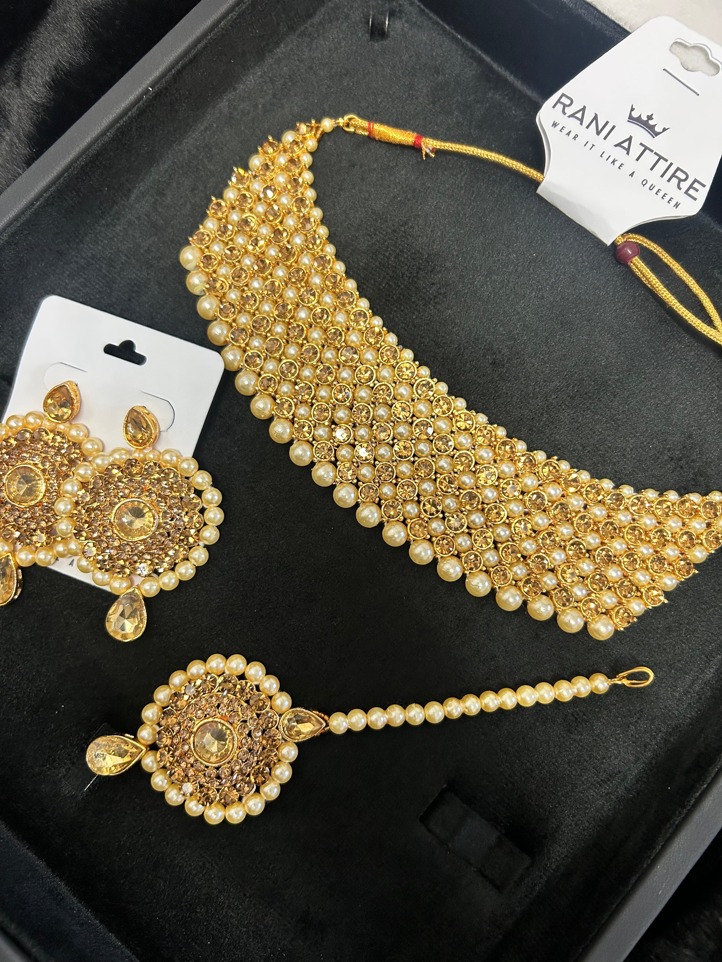Beautiful Pearly Light Weight Gold and White Necklace with Earrings and Tikka