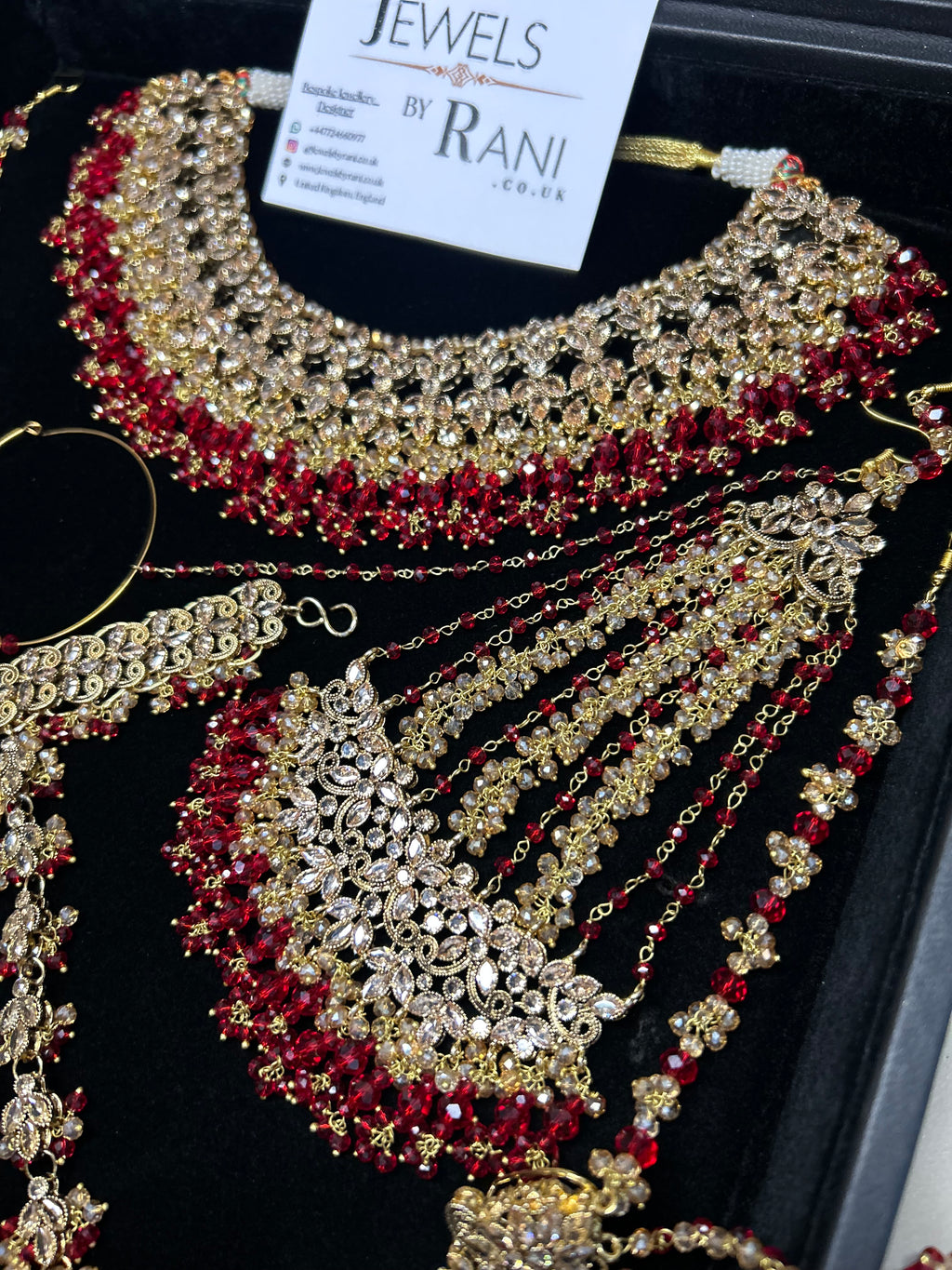 PRE ORDER: 6 Week Making time- Beautiful Deep Red & Gold 22 crt Gold Plated Bridal Jewellery Set + hand piece