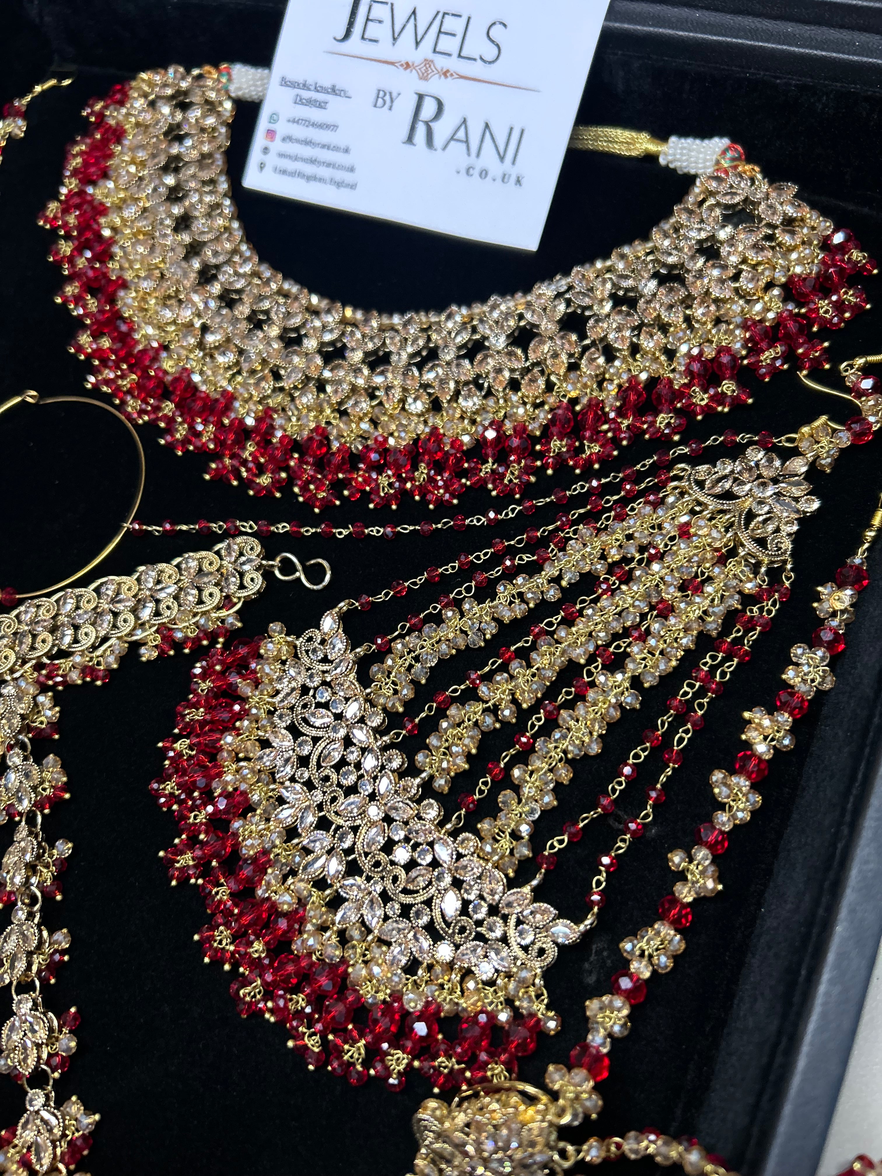 PRE ORDER: 6 Week Making time- Beautiful Deep Red & Gold 22 crt Gold Plated Bridal Jewellery Set + hand piece
