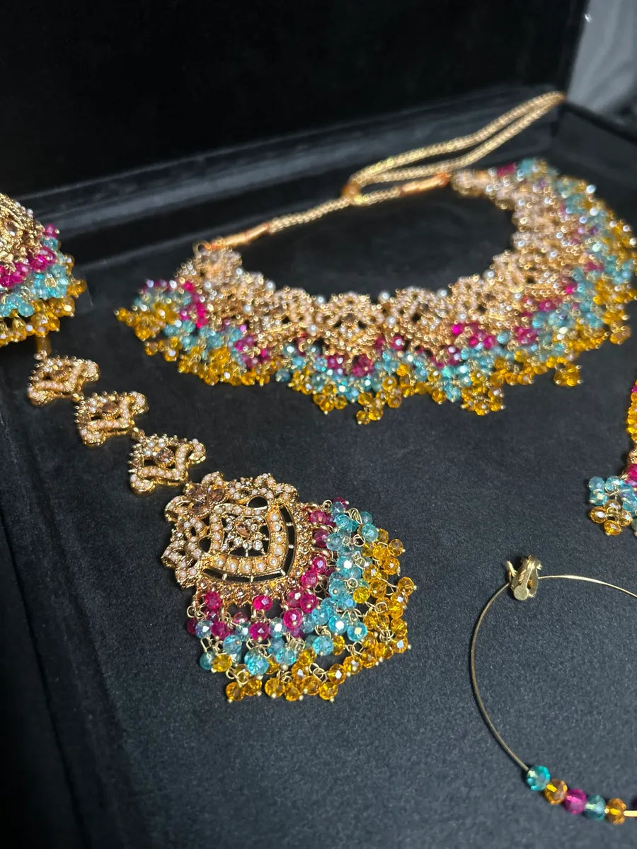 Mustard, Light Blue & Hot Pink coloured necklace set, with heavily beaded Jhumkies & tikka | Gold Stones