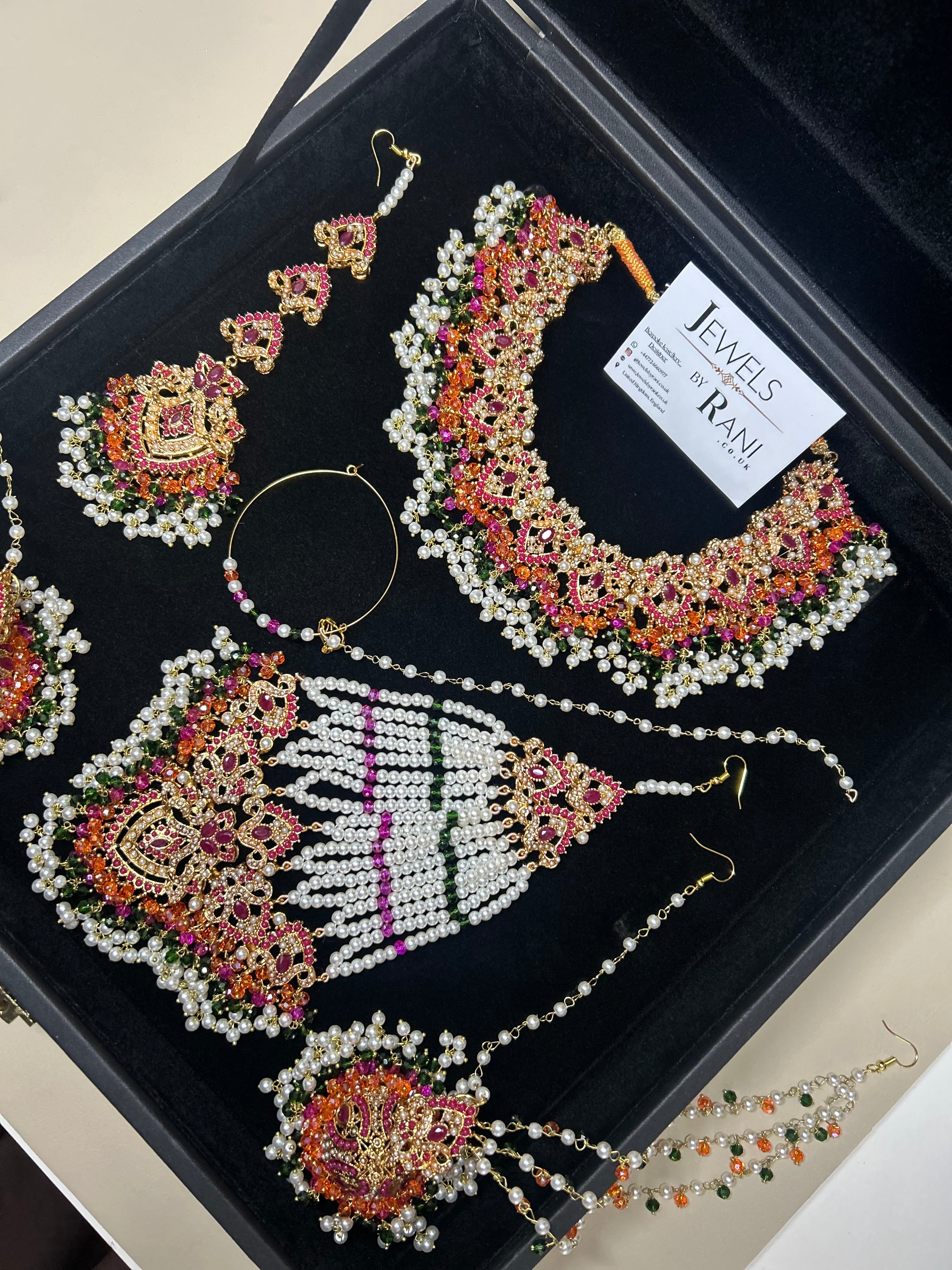 Green, Hot pink, Gold & White coloured necklace set, with heavily beaded Jhumkies & tikka (Copy)