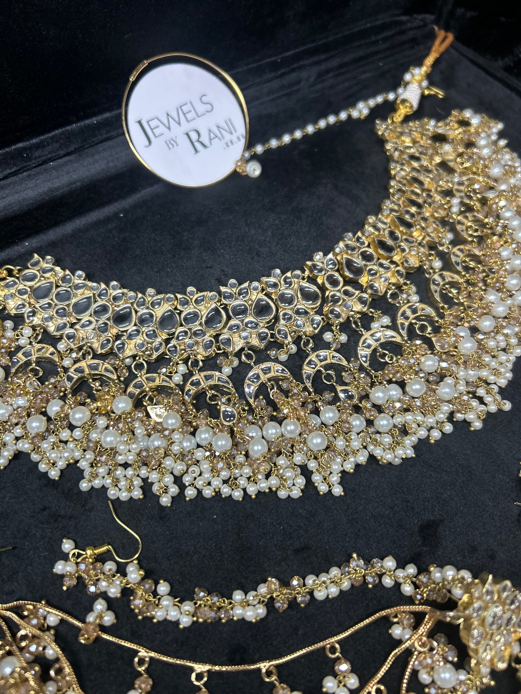 Pre order 6 Weeks - White Kundan Bridal Jewellery Set Matha Patti, Necklace and Jhumkies + nose ring 22crt Gold Plated