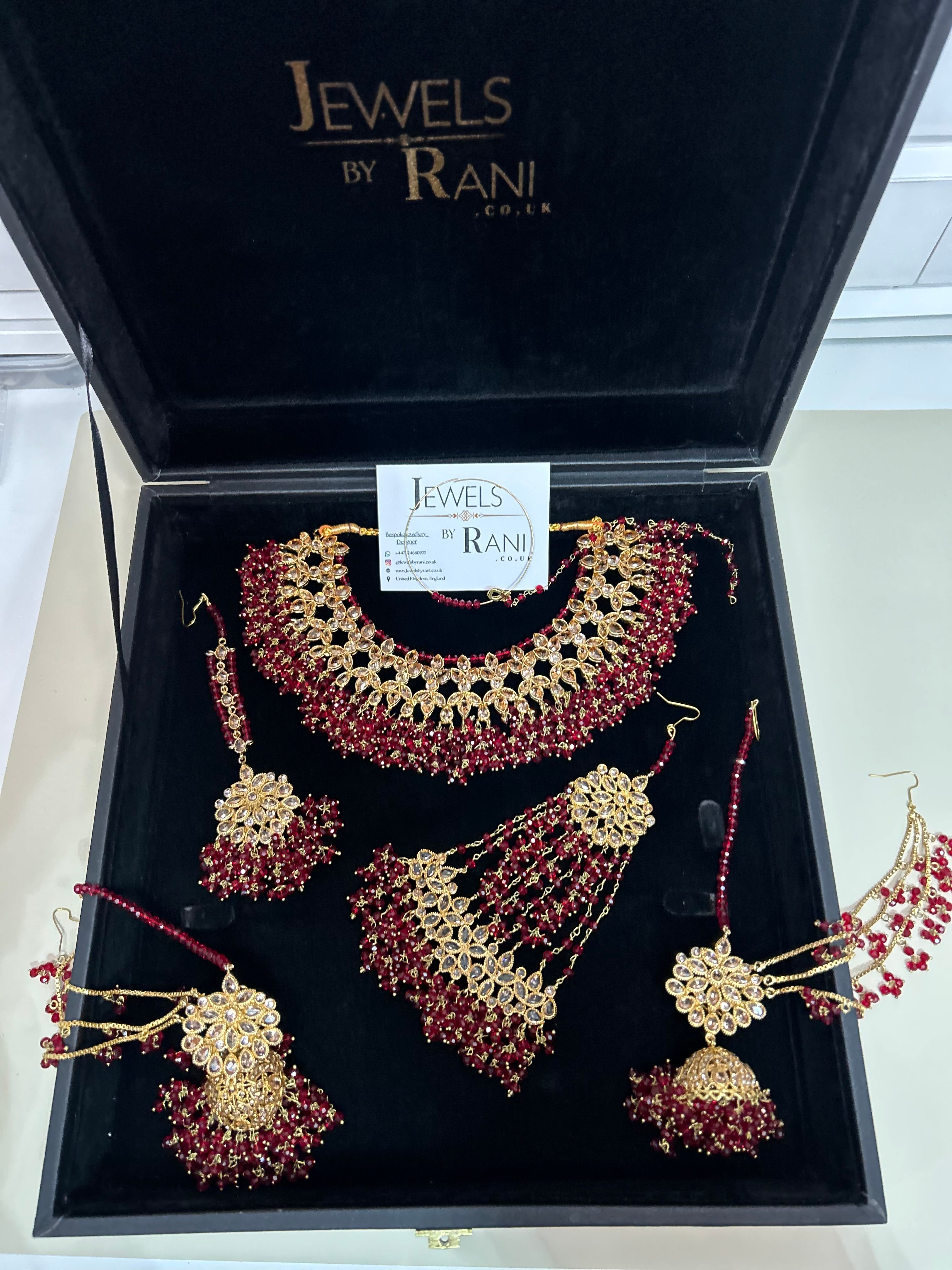Deep Red Necklace set, with heavily beaded Earrings & tikka
