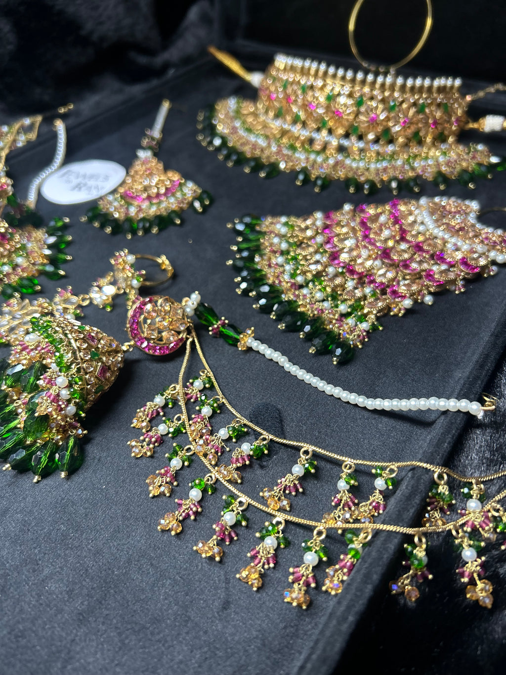 Pre order No gold plate: Same set, Crystals changed to a lighter green, Jhumkies made smaller, NO JHUMAR, Needed July 15th