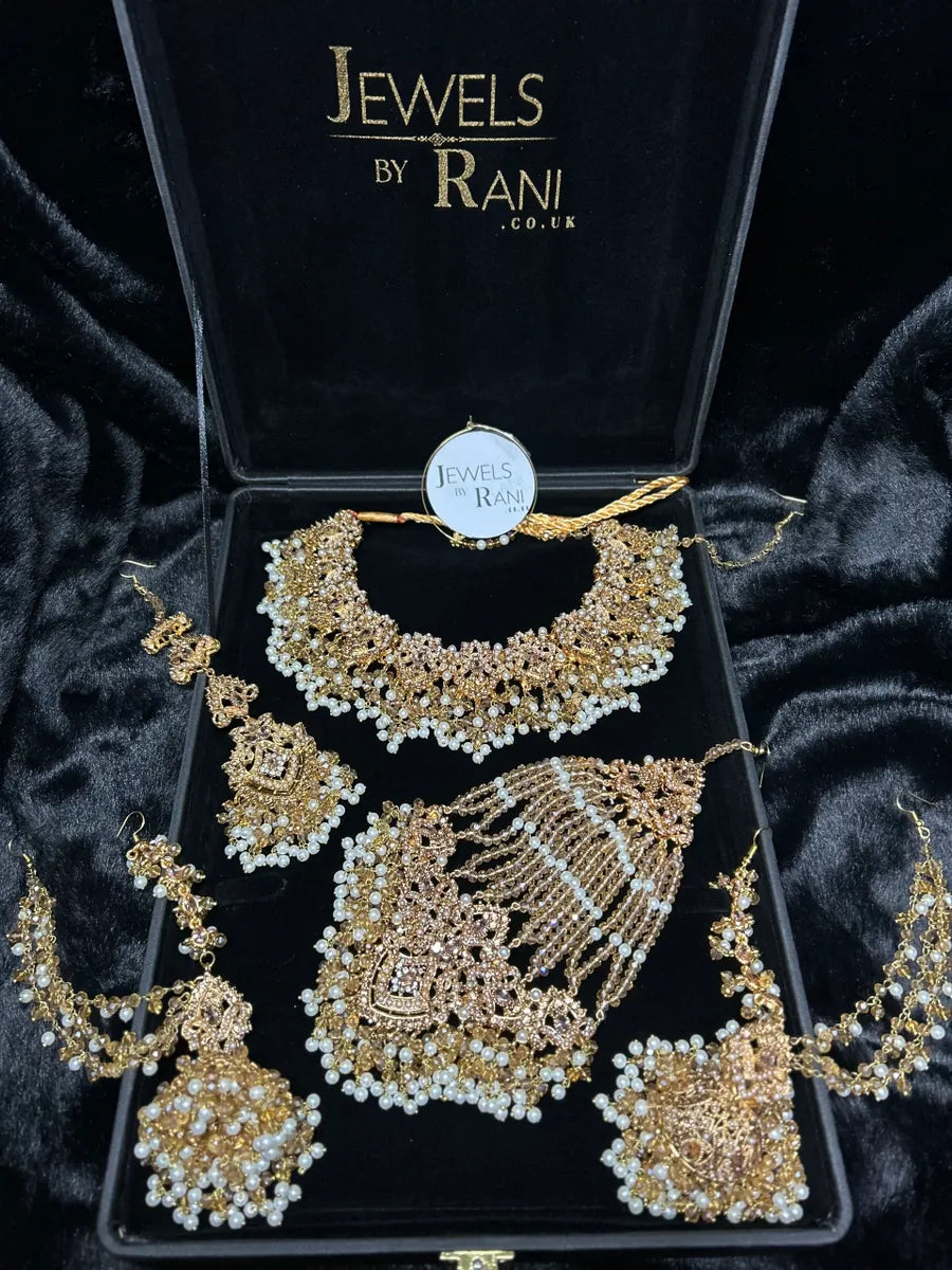 Beautiful Bridal Jewellery set- Gold & White Heavily Beaded Bridal Set - Jewelsbyrani