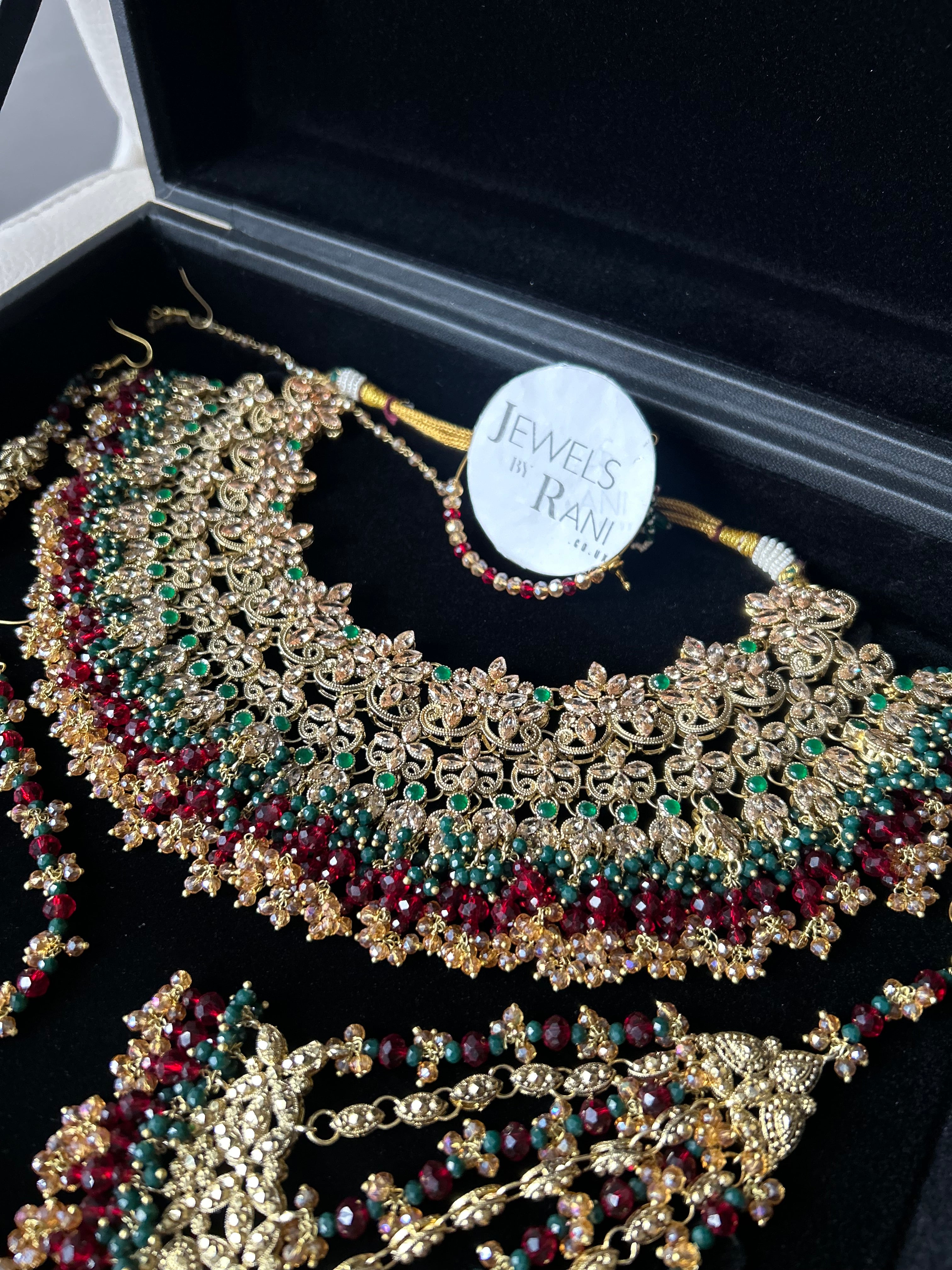 Pre order 6 Weeks - Stunning Detailed Green and Maroon Bridal Jewellery Set - Jewelsbyrani