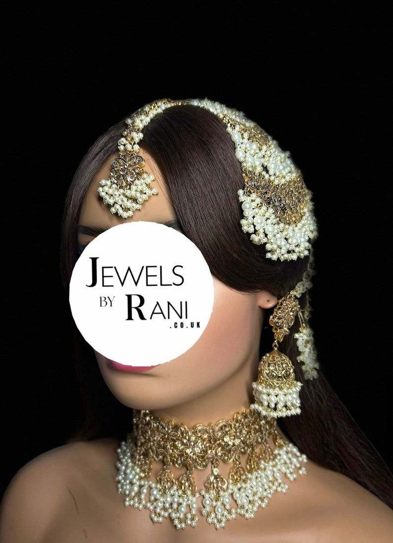 Pearly White & Gold Bridal Choker Jewellery Set Style 480