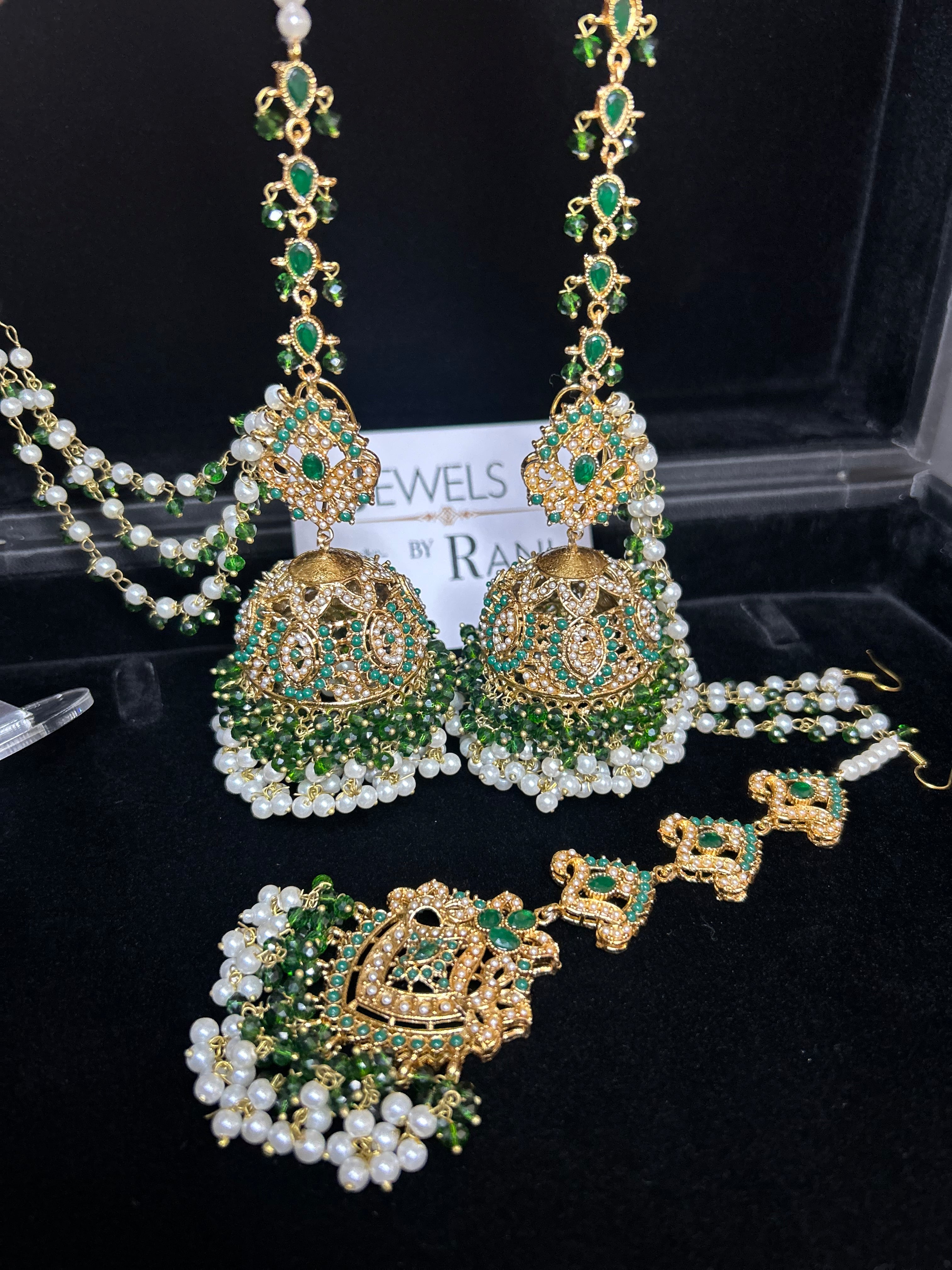 Green and White Multi Coloured Jhumkes & Tikka Set