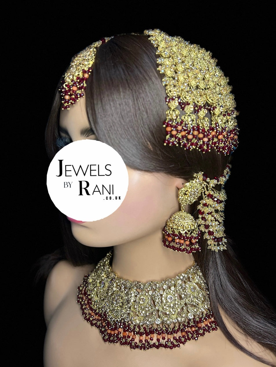 Pre order - 22 crt Gold Plated - Beautiful Maroon and Burnt Orange  Pakistani Bridal Jewellery Set