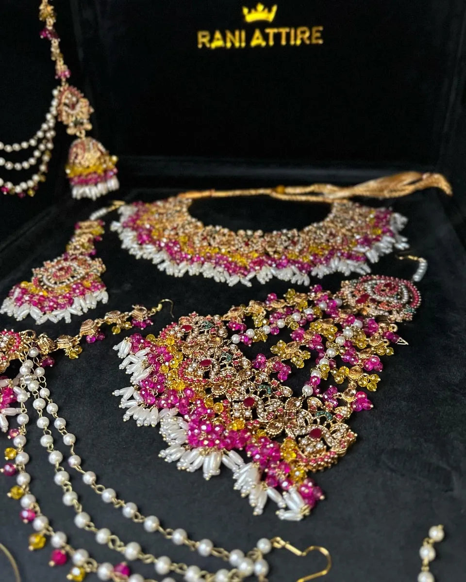 Stunning Yellow & Pink Multi coloured necklace set, with heavily beaded earrings & tikka - Jewelsbyrani