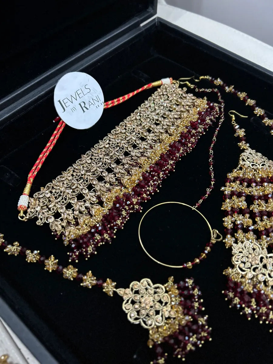 Trending Pakistani Choker Maroon Full Bridal Jewellery Set/ Style 95 - Jewelsbyrani