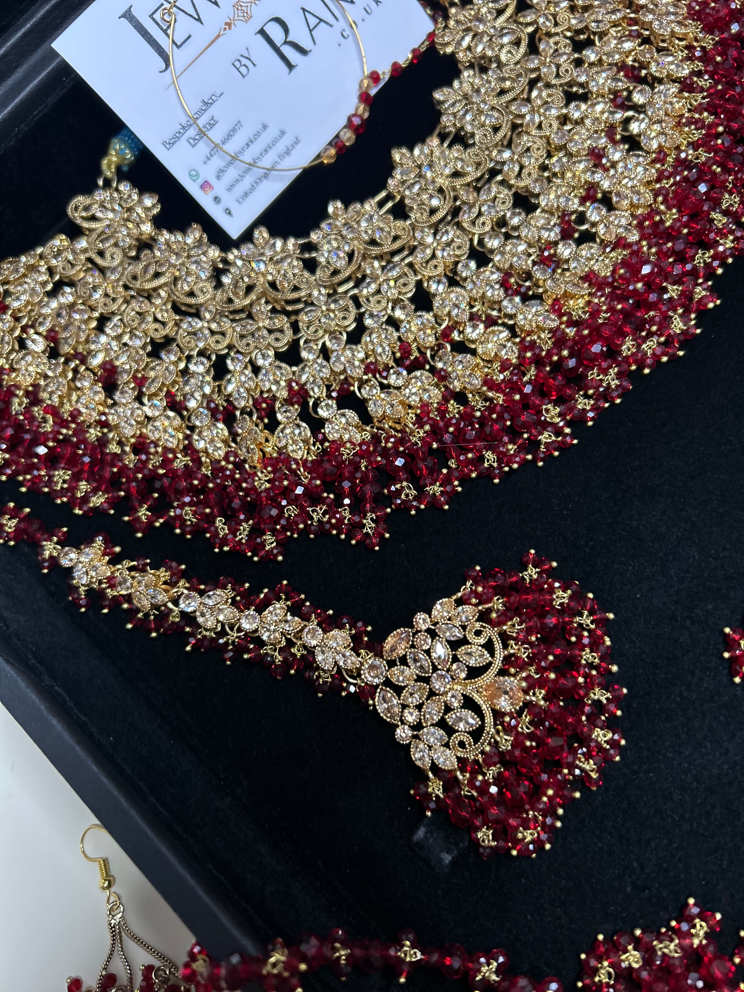 Stunning, Pakistani Trending Deep Red Full Bridal Jewellery Set/ Style 87 Large Necklace