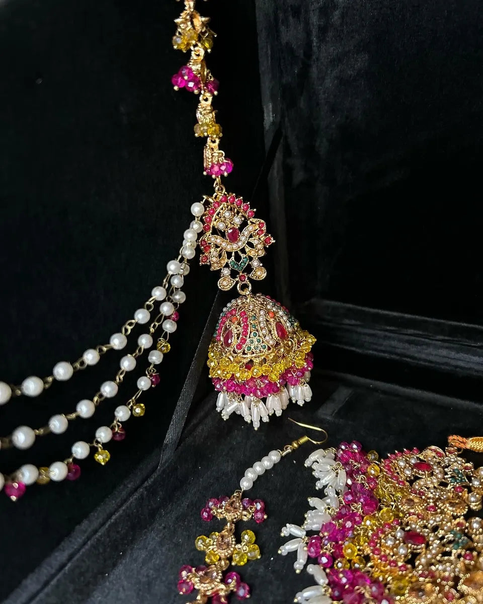 Stunning Yellow & Pink Multi coloured necklace set, with heavily beaded earrings & tikka - Jewelsbyrani